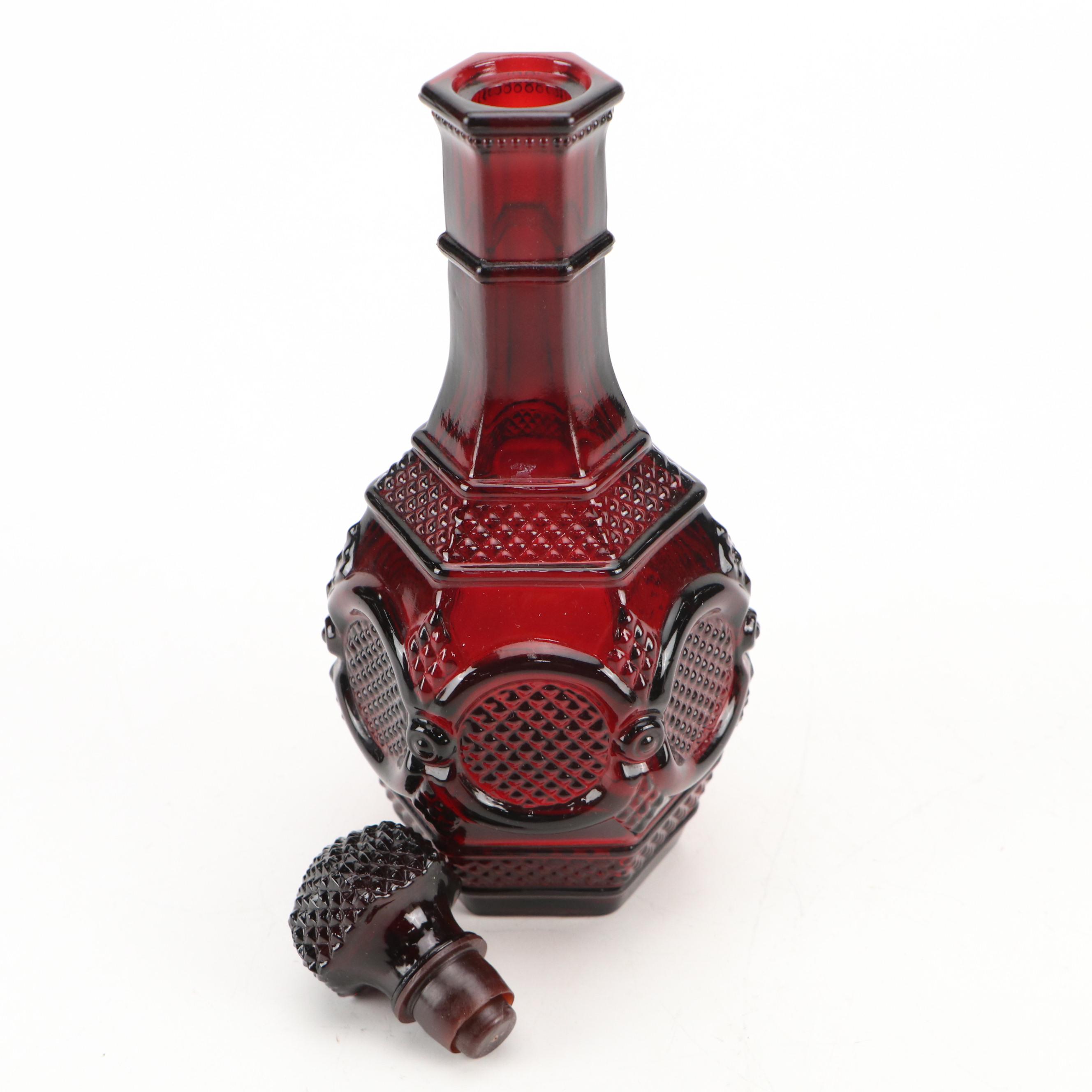 Avon Ruby Glass Decanter and Stemware with Ceramic Spooner