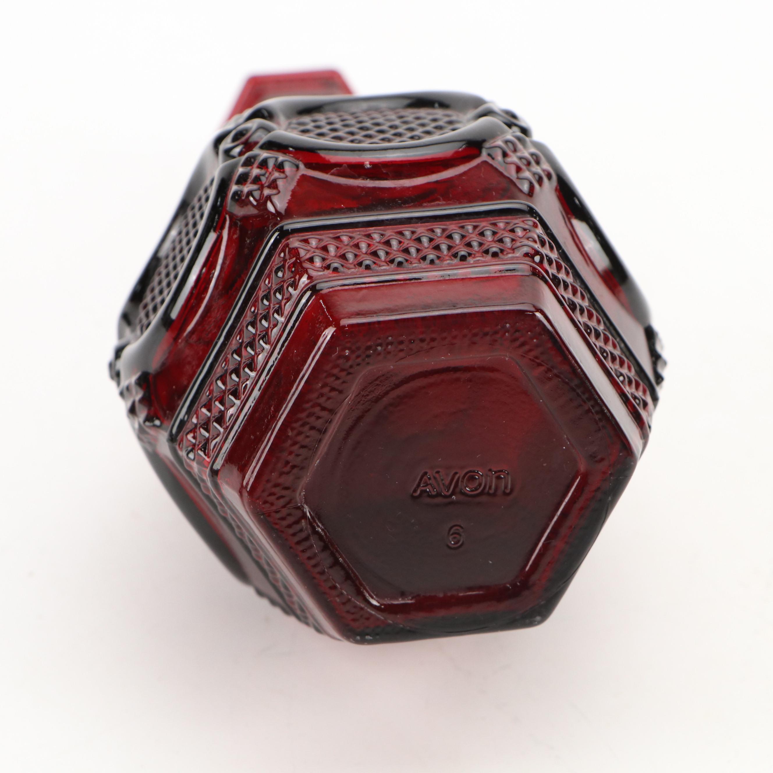 Avon Ruby Glass Decanter and Stemware with Ceramic Spooner