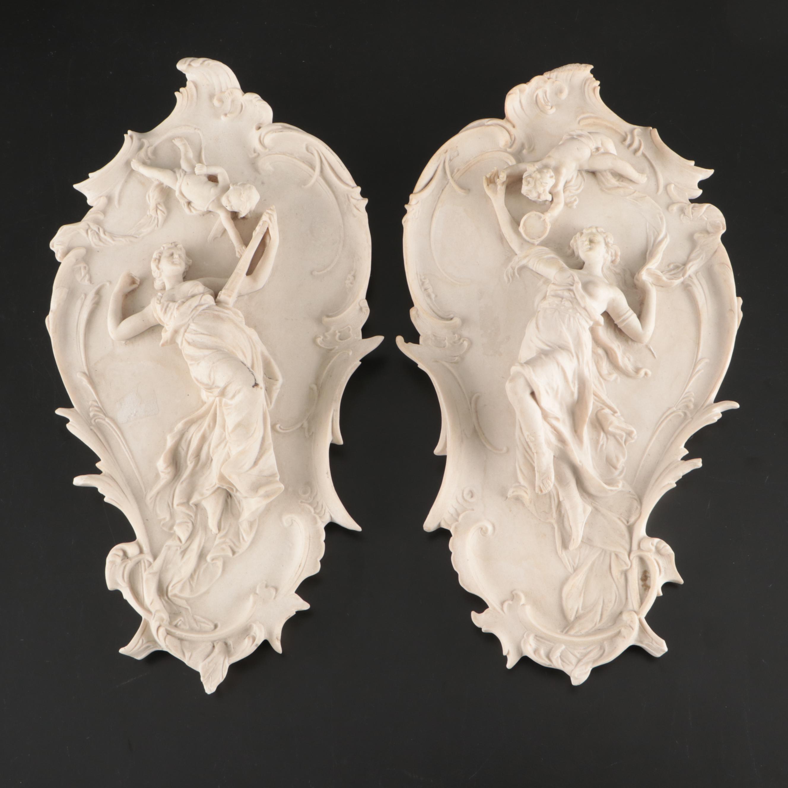 European Art Nouveau Bisque Wall Plaques with Pewter Medallion Inserts