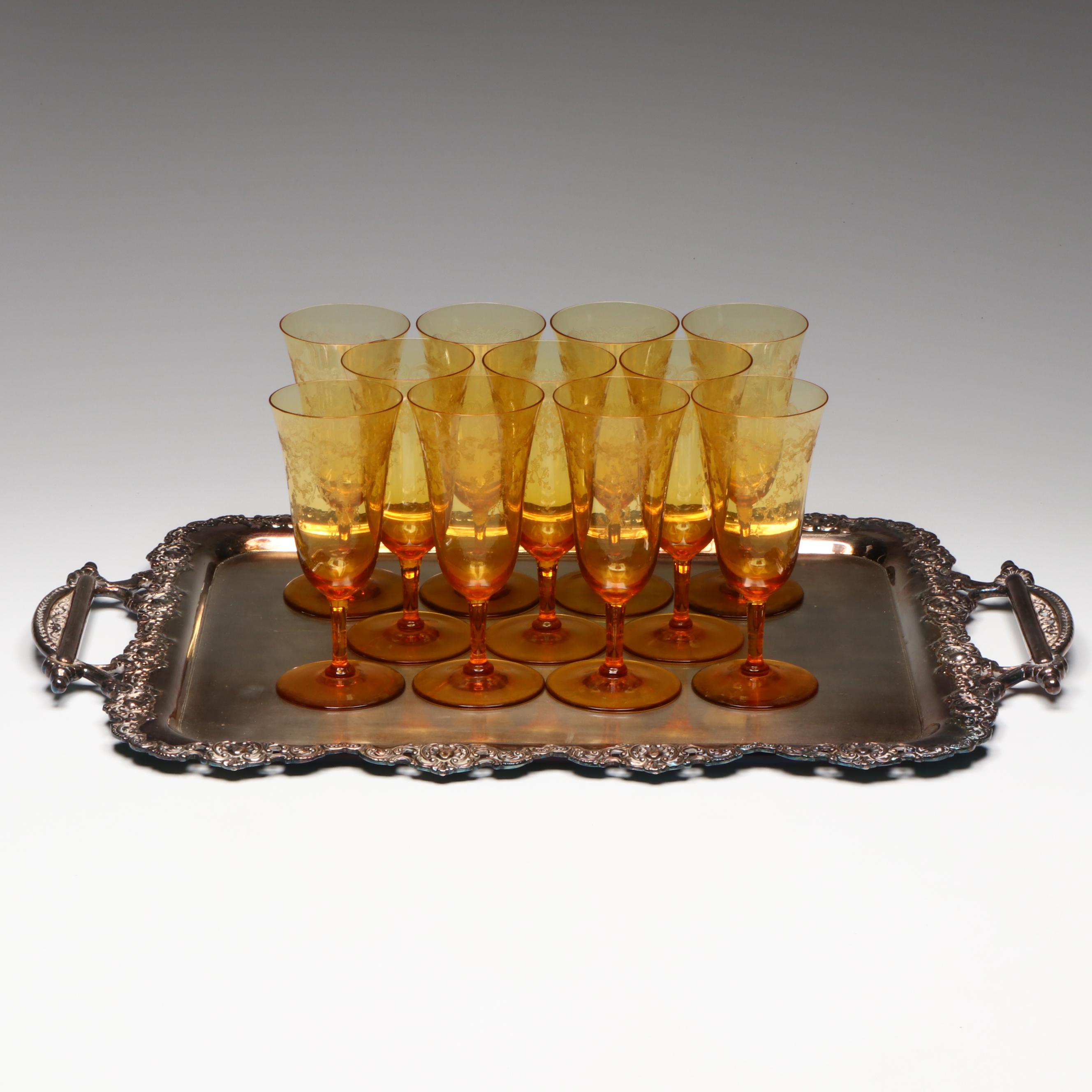 Wilcox Silver Plate Handled Tray with Etched Amber Glass Stemware