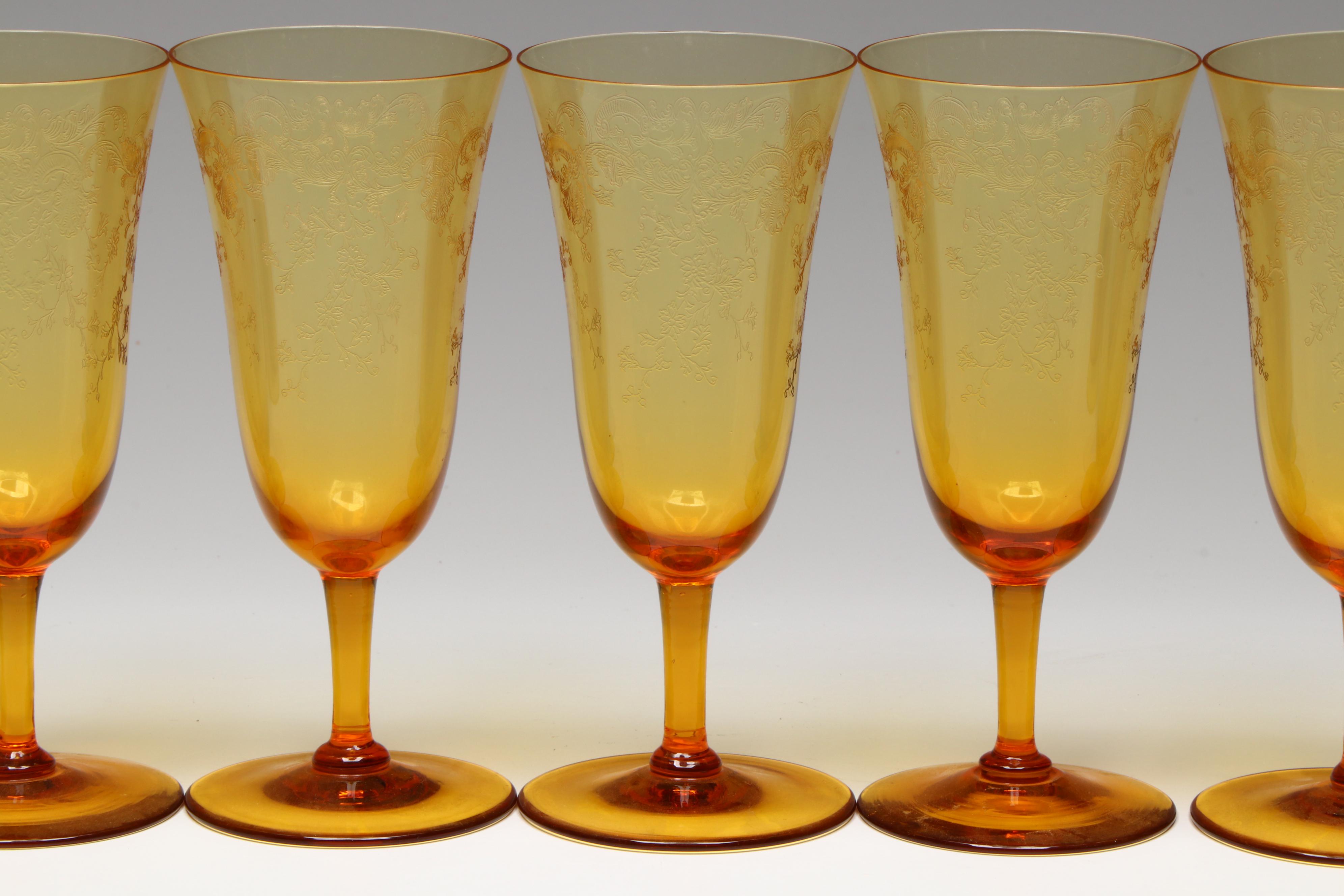 Wilcox Silver Plate Handled Tray with Etched Amber Glass Stemware