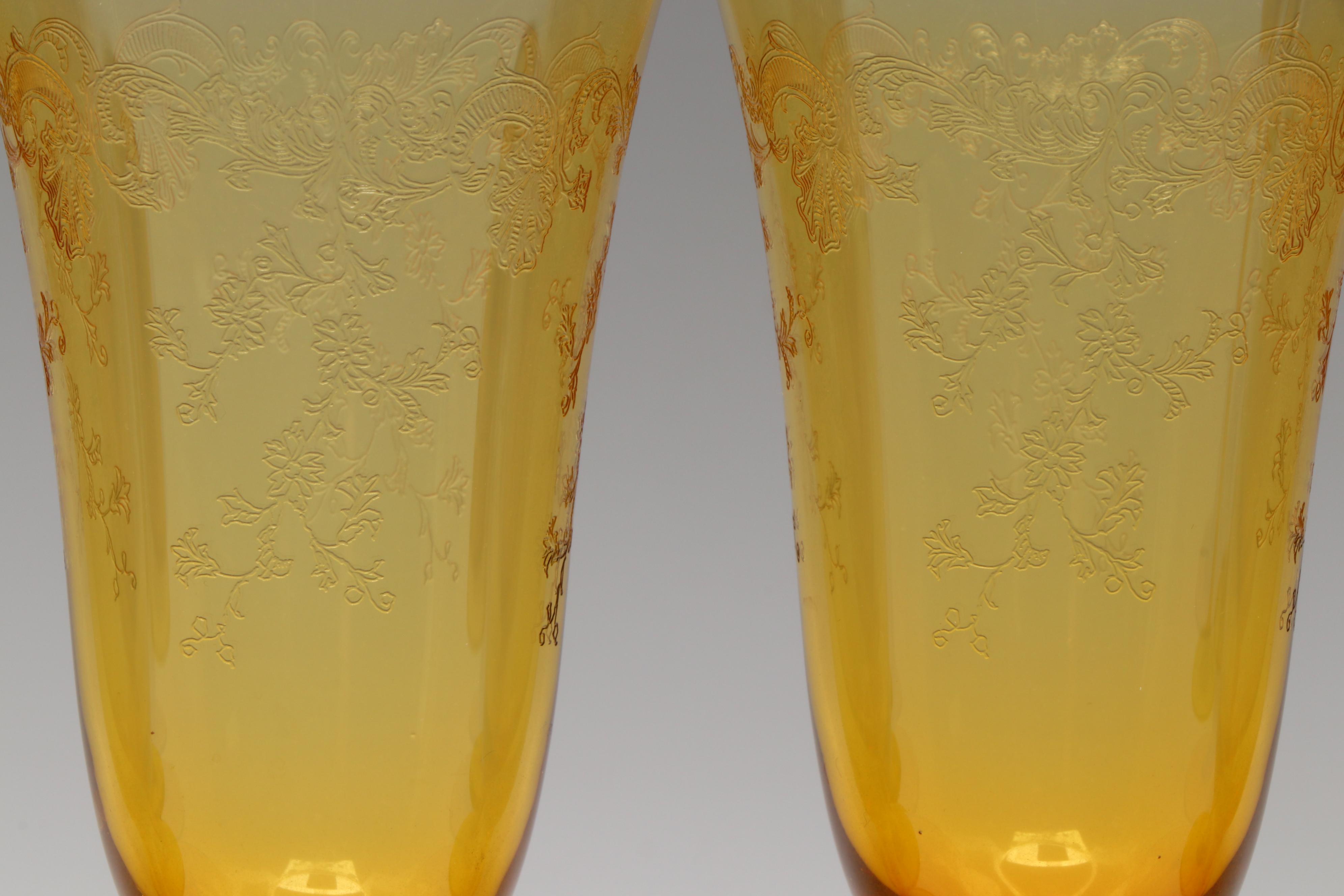 Wilcox Silver Plate Handled Tray with Etched Amber Glass Stemware