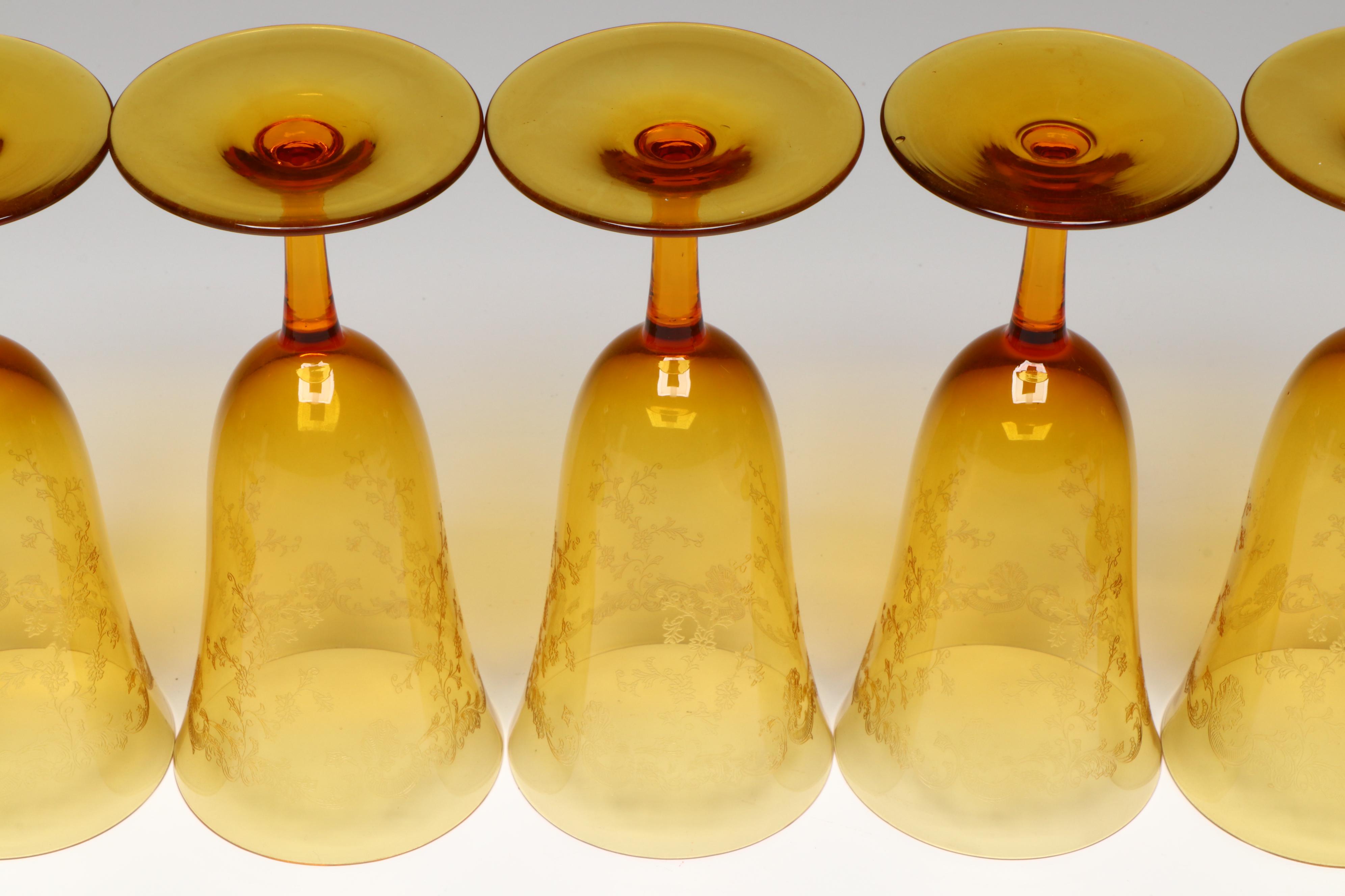 Wilcox Silver Plate Handled Tray with Etched Amber Glass Stemware