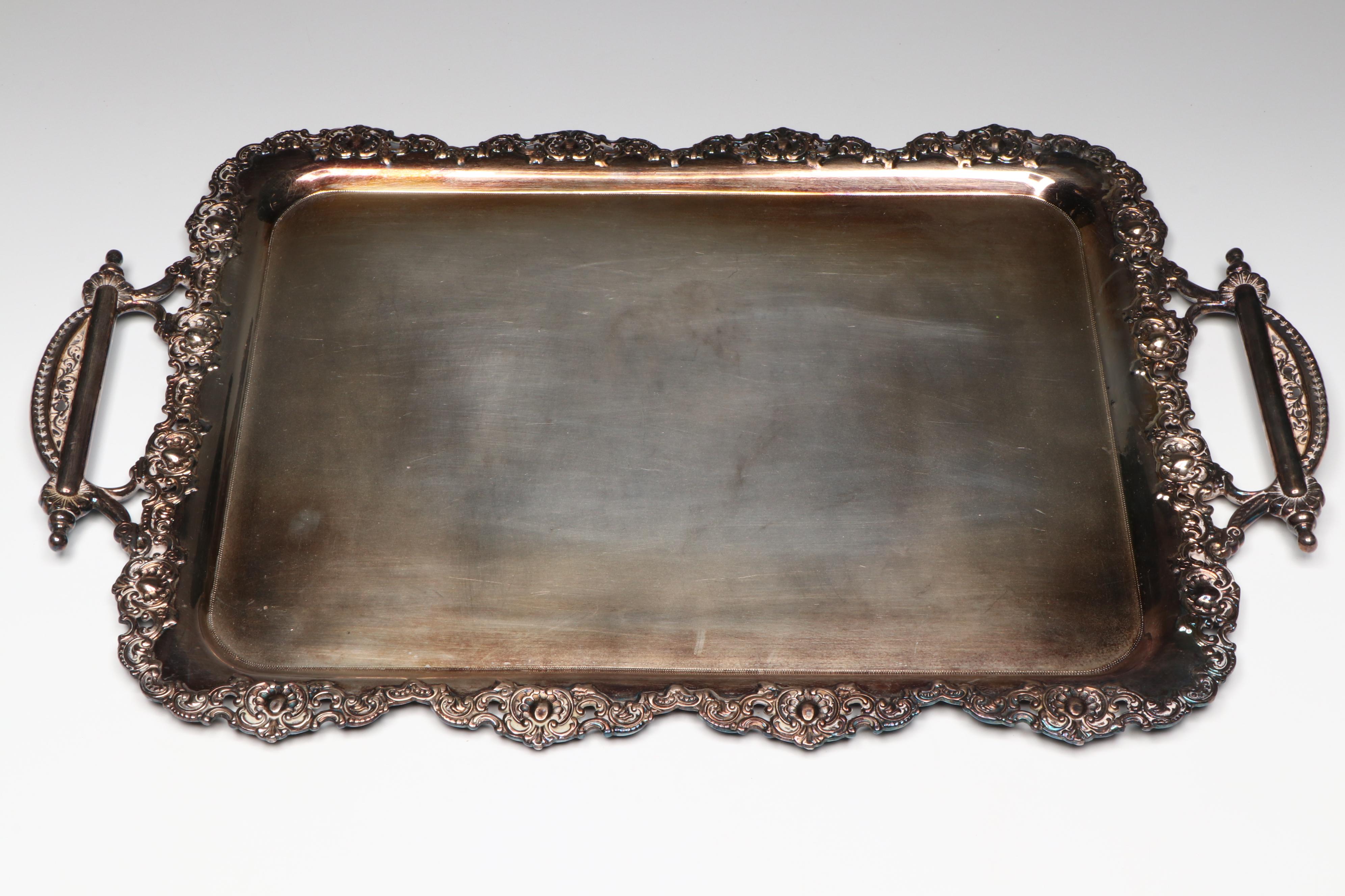 Wilcox Silver Plate Handled Tray with Etched Amber Glass Stemware