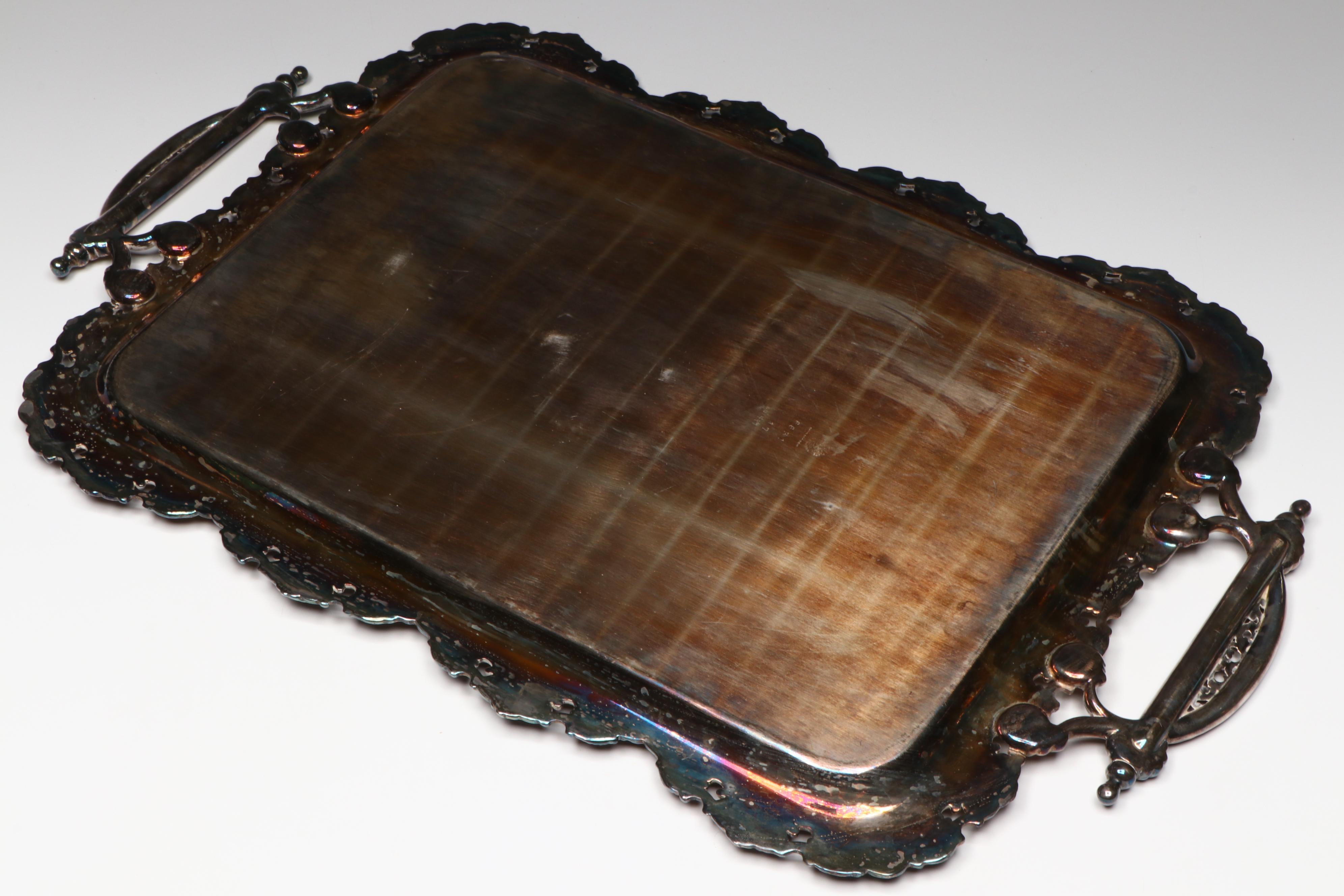 Wilcox Silver Plate Handled Tray with Etched Amber Glass Stemware