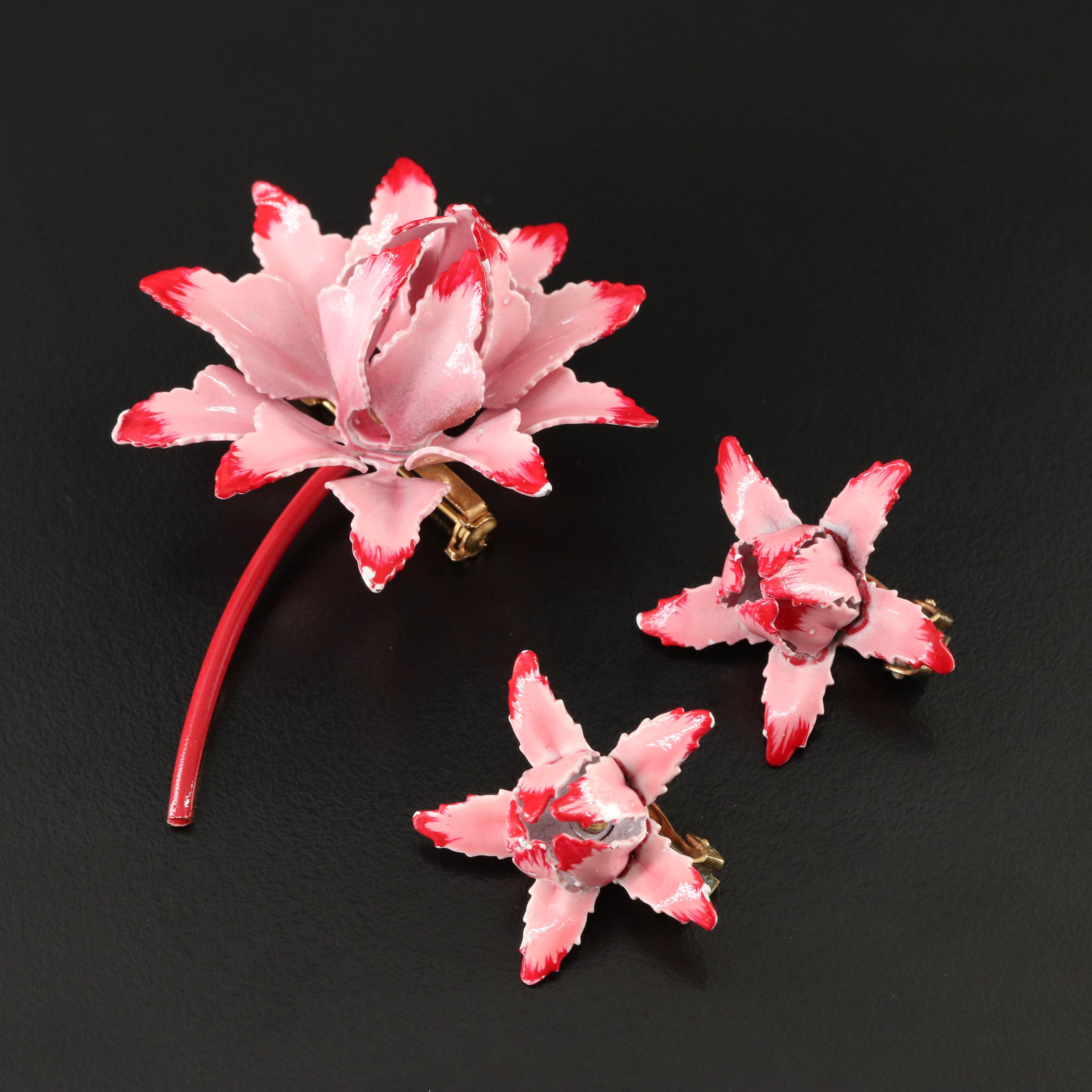 Vintage Enameled Flower Brooch and Earring Set