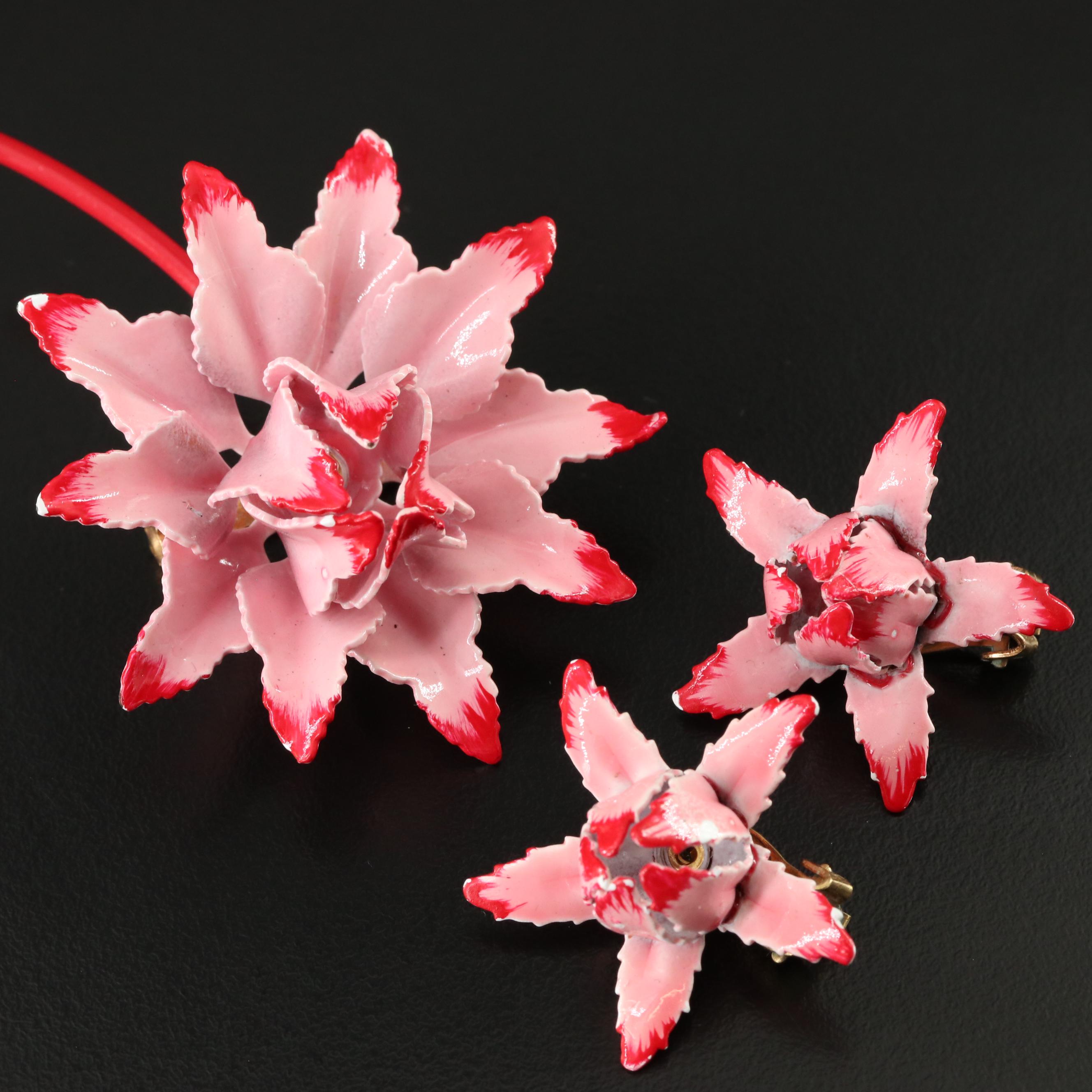 Vintage Enameled Flower Brooch and Earring Set