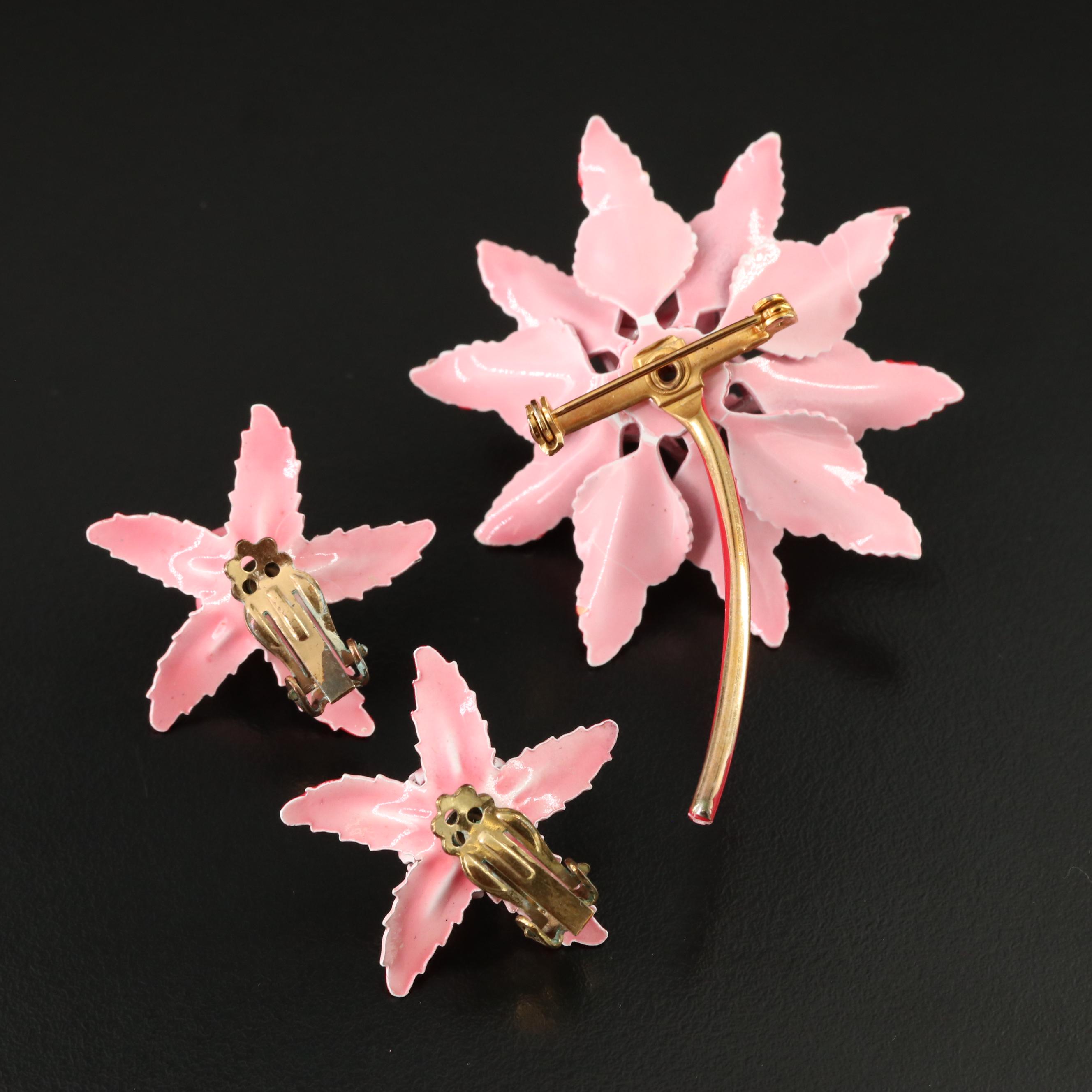 Vintage Enameled Flower Brooch and Earring Set