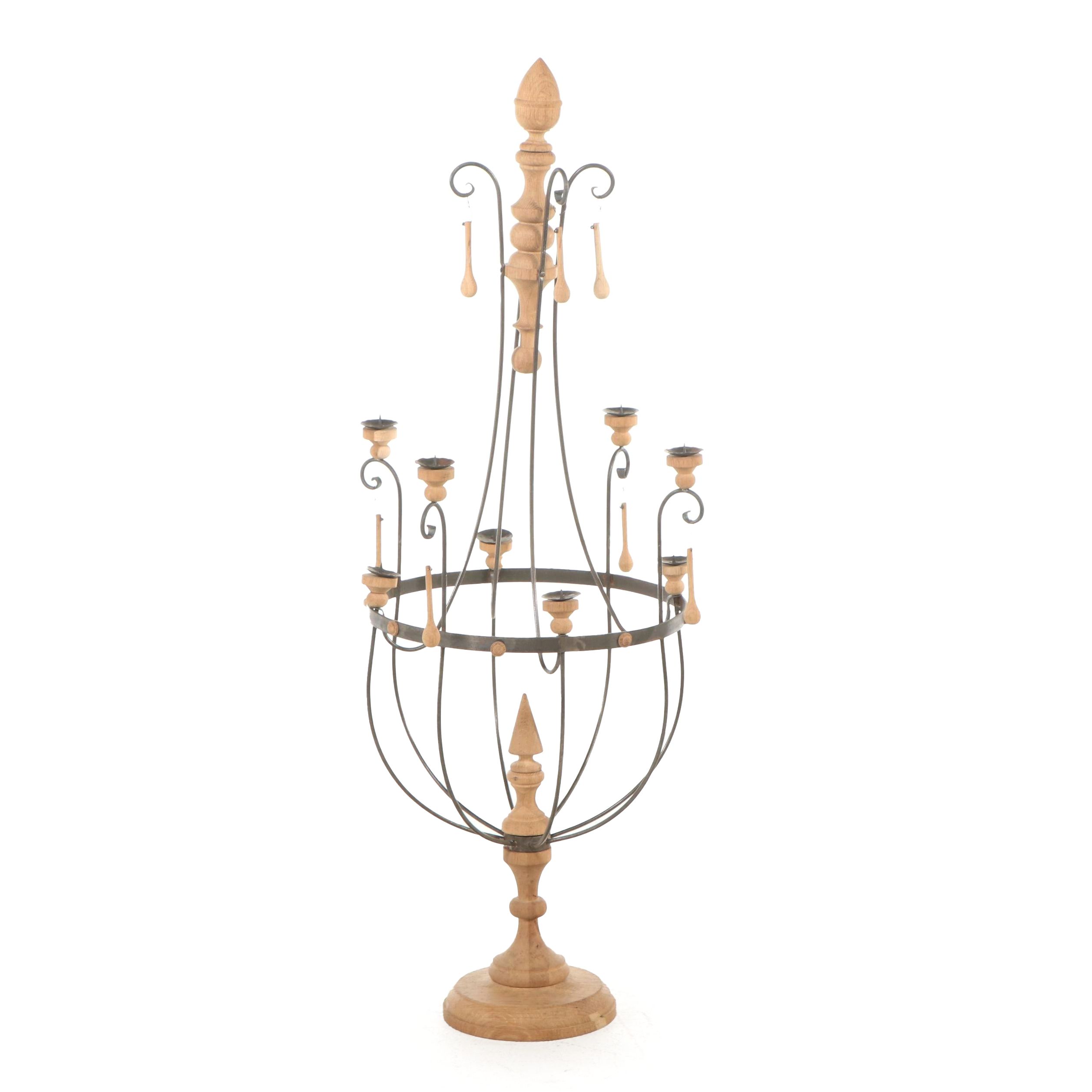 Turned Wood and Scrolled Iron Candelabra