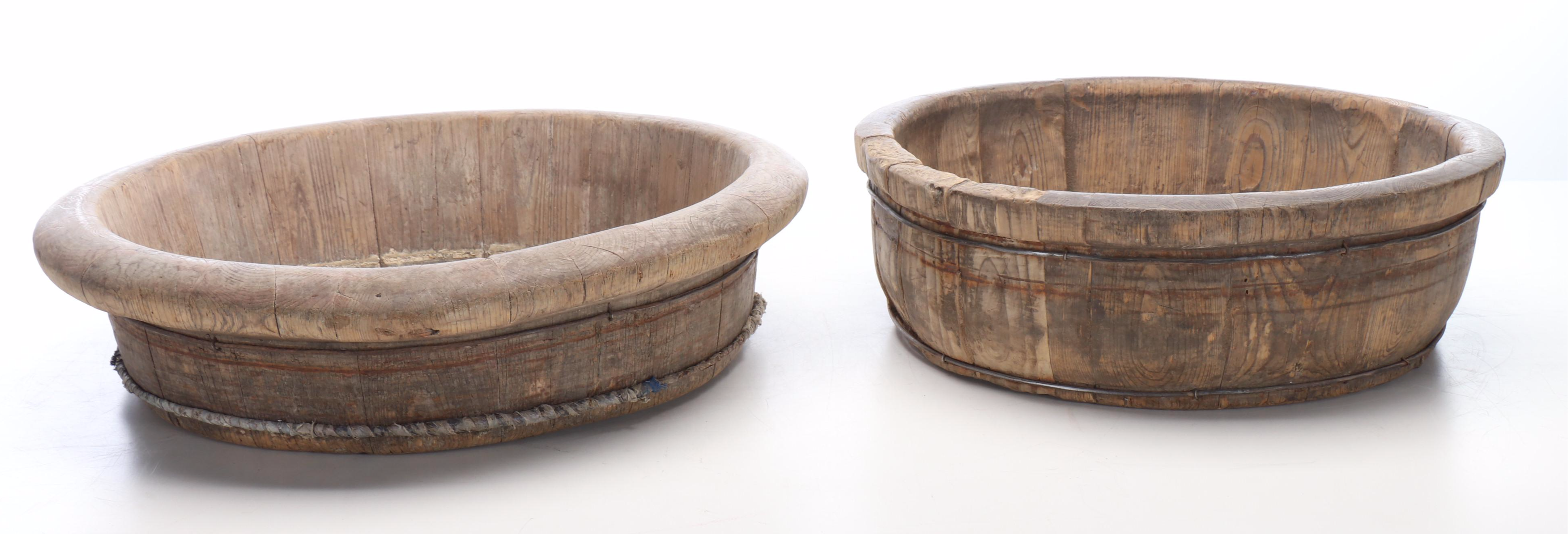 Two Chinese Style Metal Banded Wood Shallow Wash Tubs