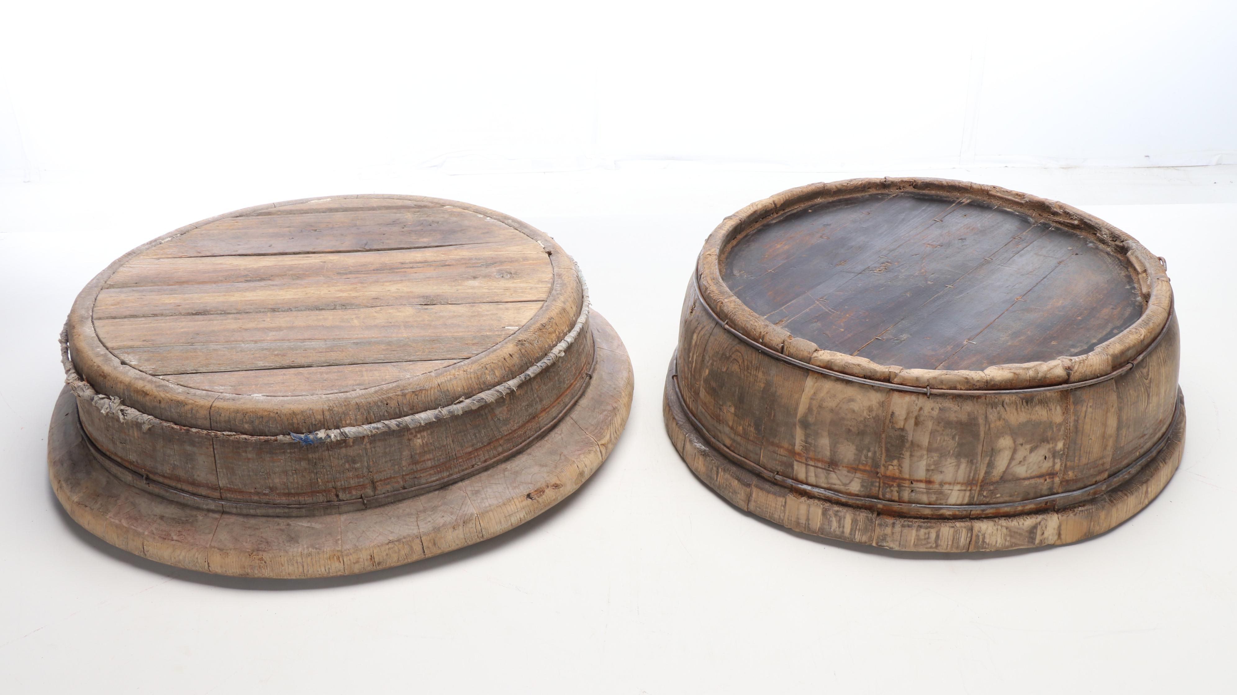 Two Chinese Style Metal Banded Wood Shallow Wash Tubs