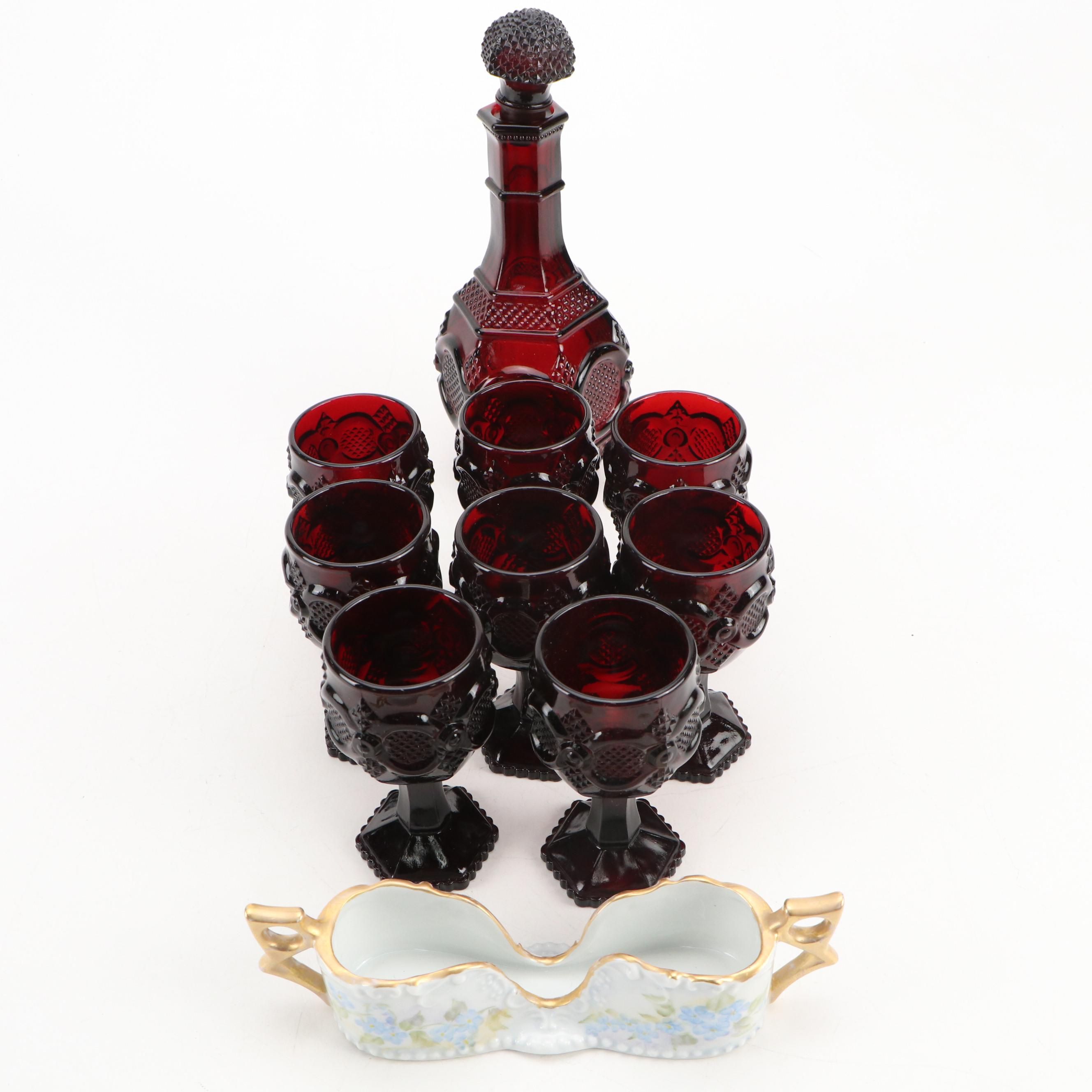 Avon Ruby Glass Decanter and Stemware with Ceramic Spooner