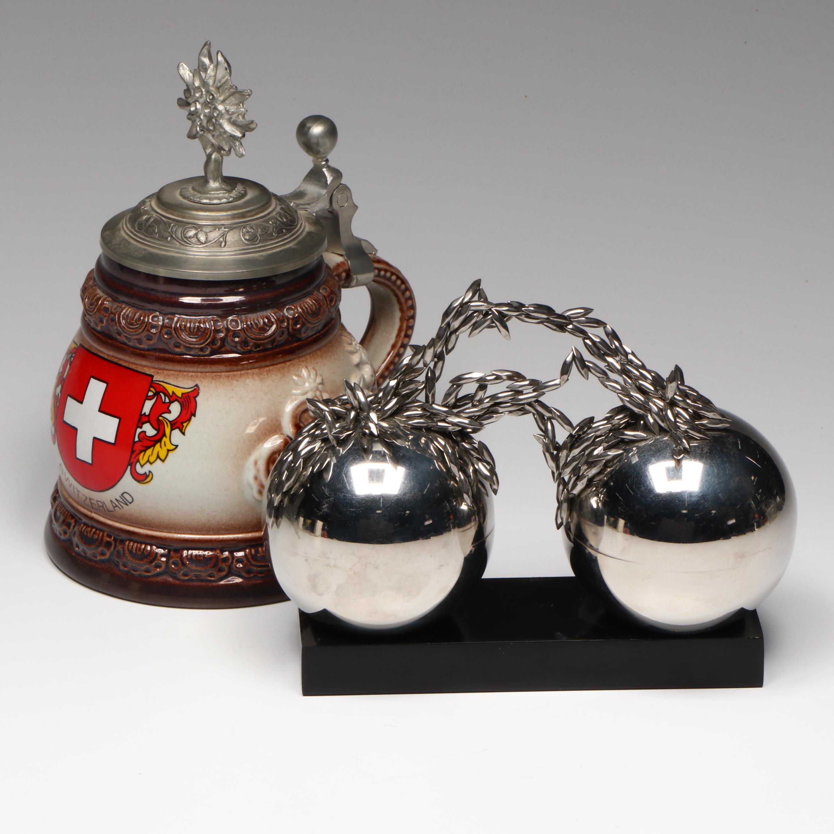 Magnetic Chrome Balls Sculpture with Handmade King Switzerland Beer Stein