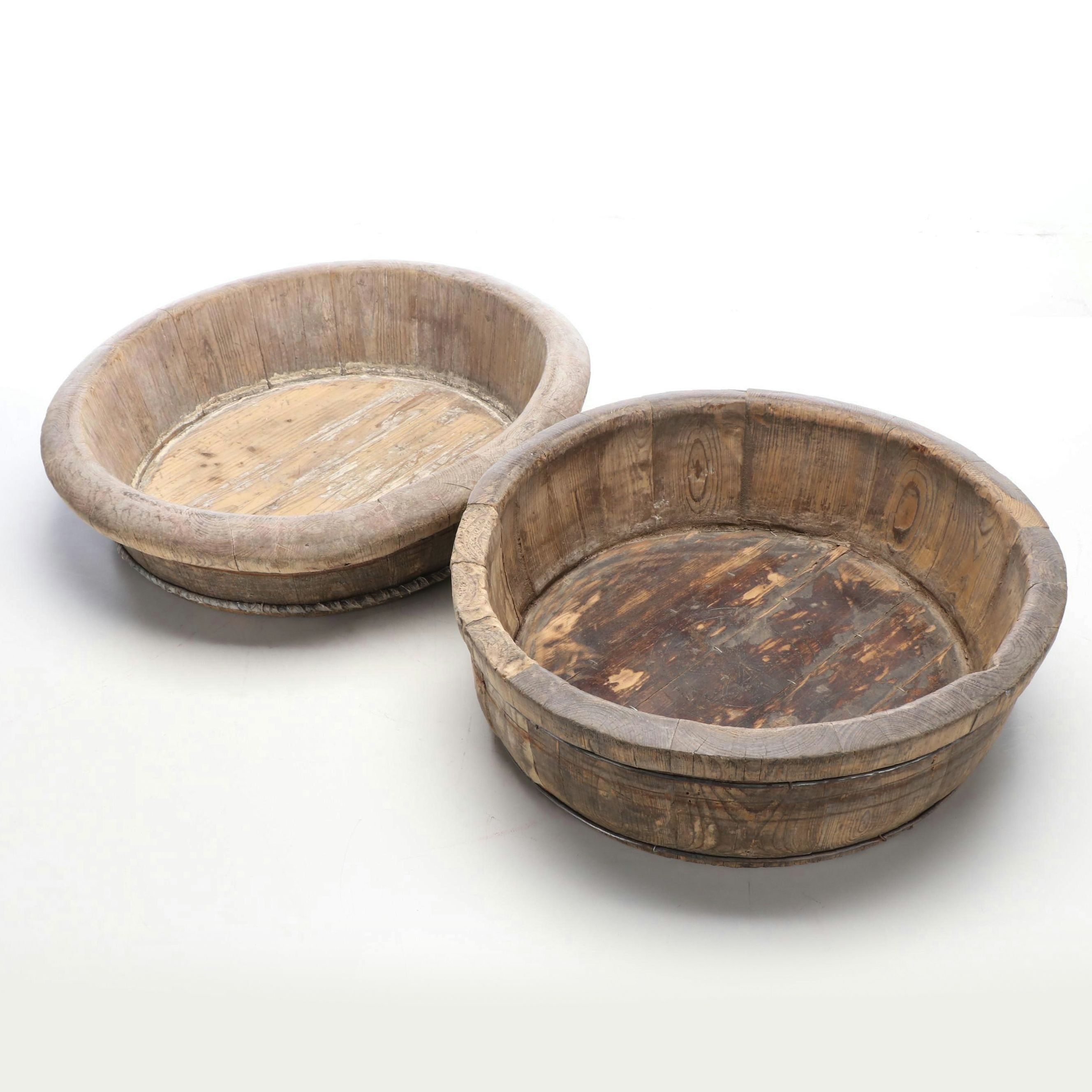 Two Chinese Style Metal Banded Wood Shallow Wash Tubs