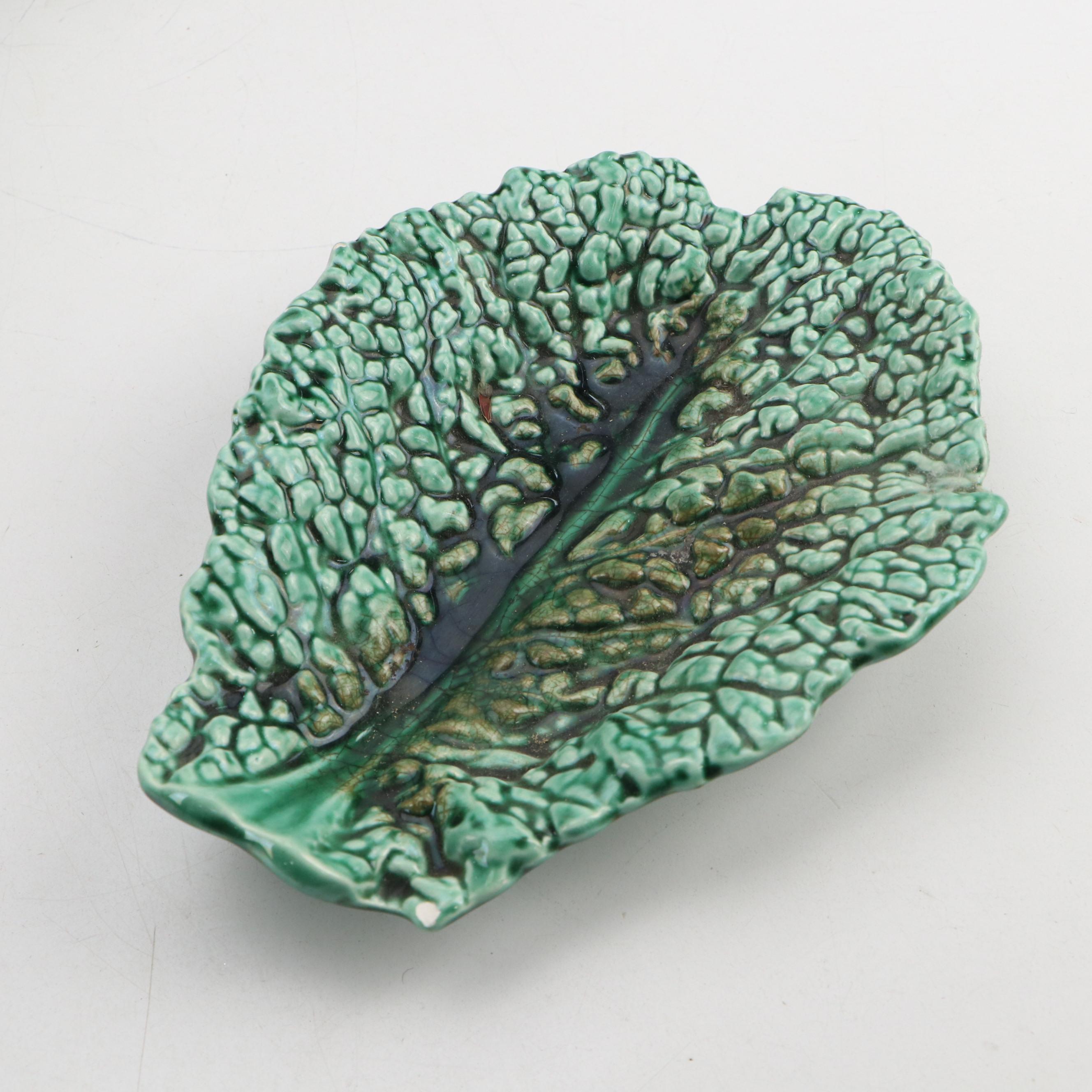 Sarreguemines Leaf Dish with Etruscan Pitcher and Other Majolica Tableware