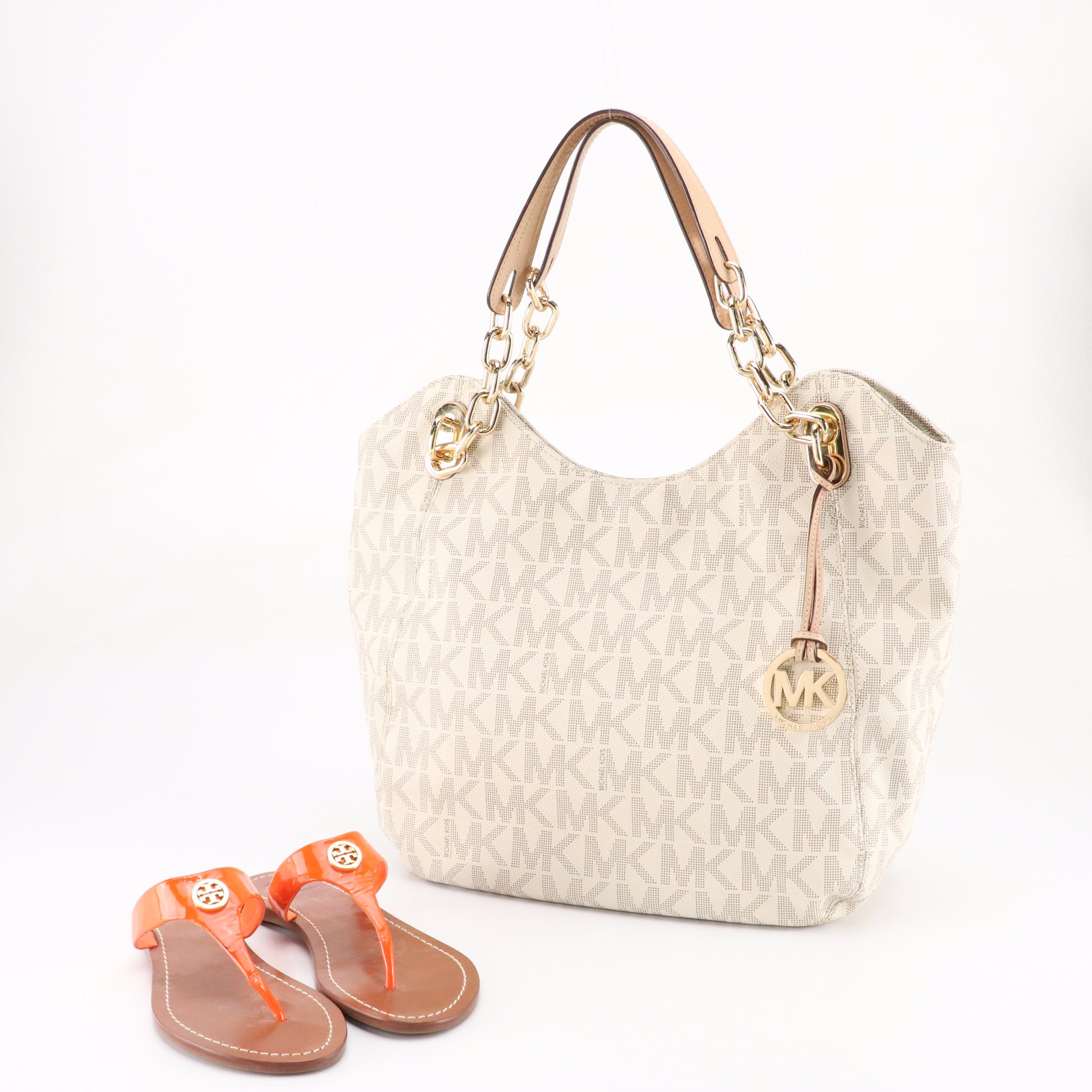 Michael Kors Signature Canvas Hobo Bag, Tory Burch Orange Patent Leather Sandals