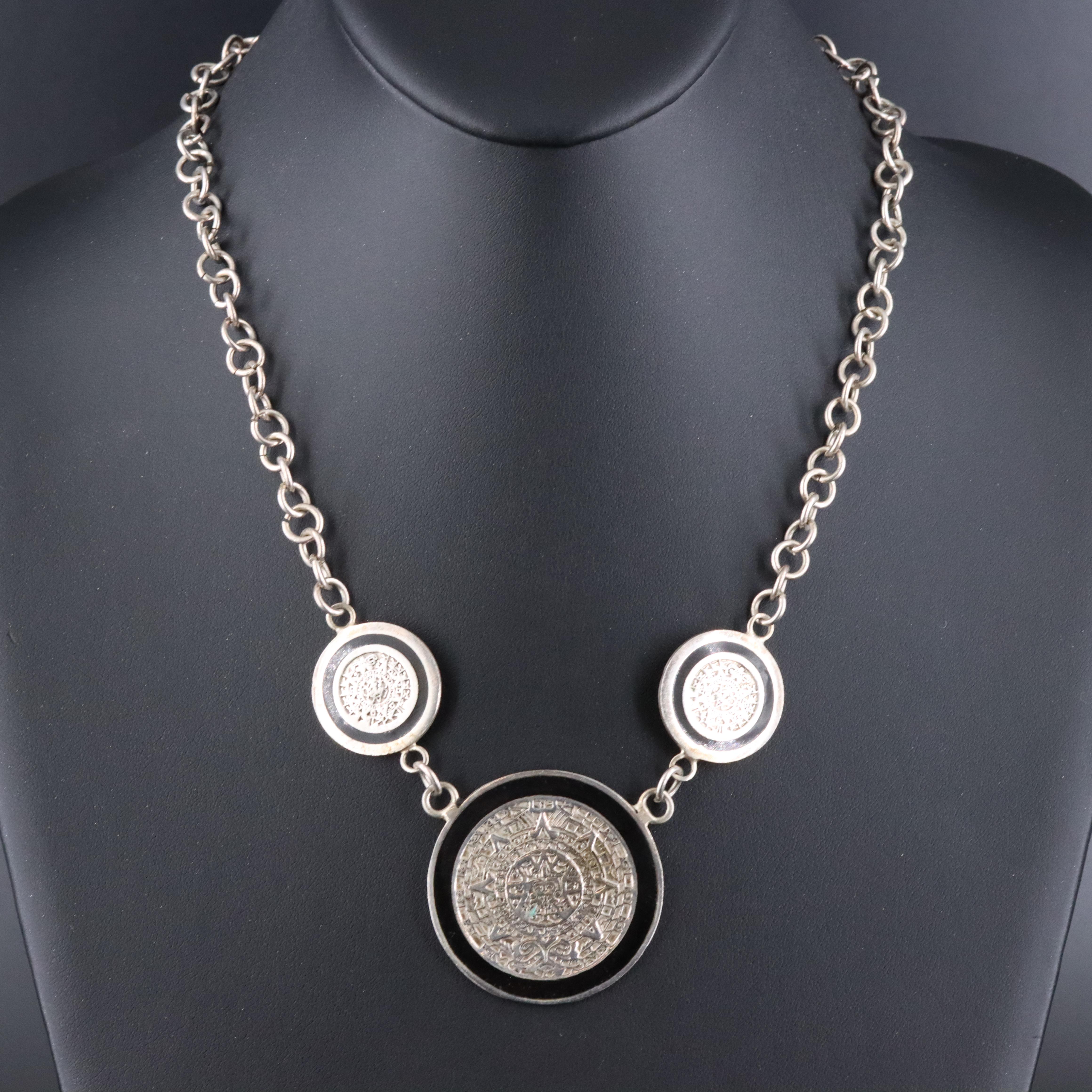 Sterling Aztec Calendar Necklace with Enamel Accents