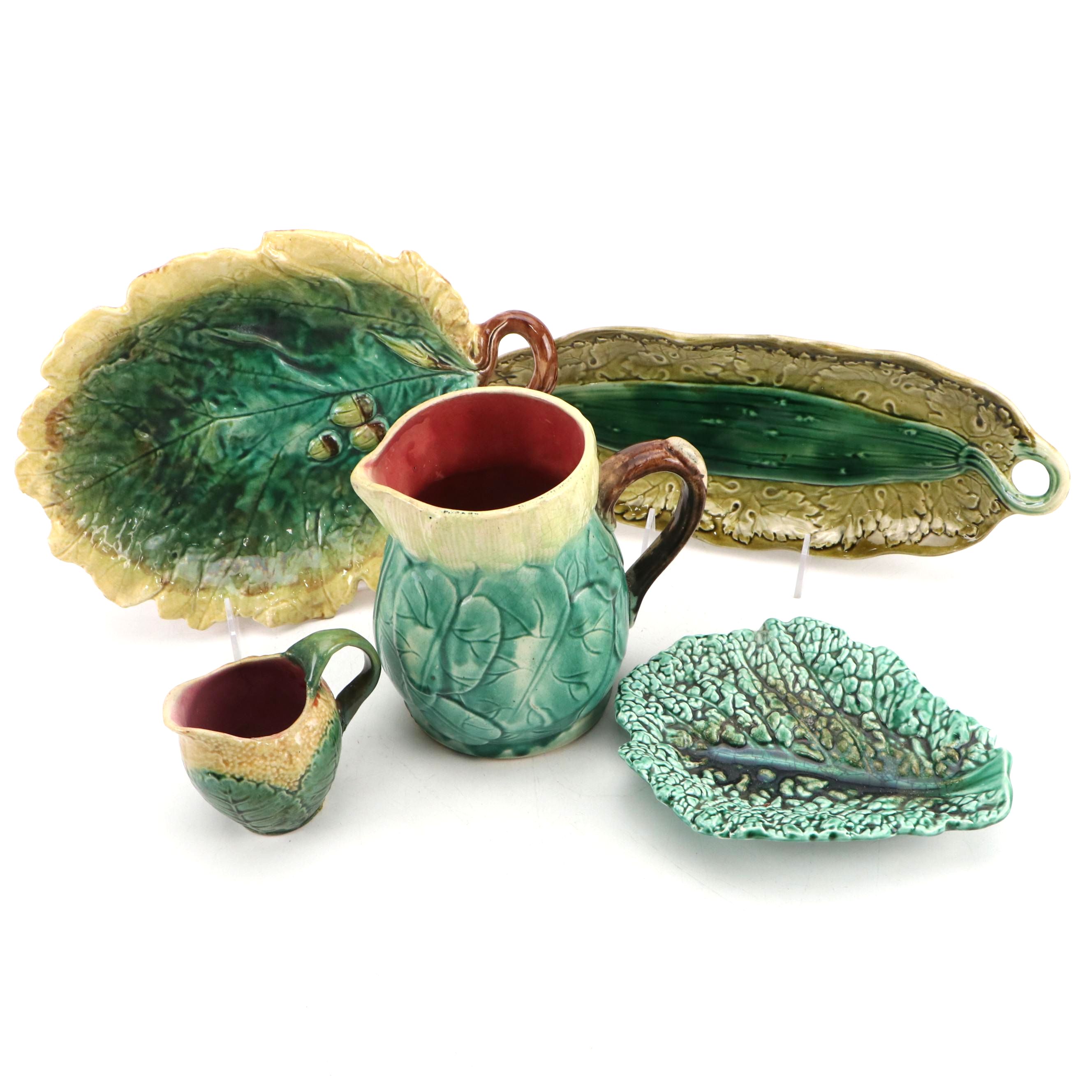 Sarreguemines Leaf Dish with Etruscan Pitcher and Other Majolica Tableware
