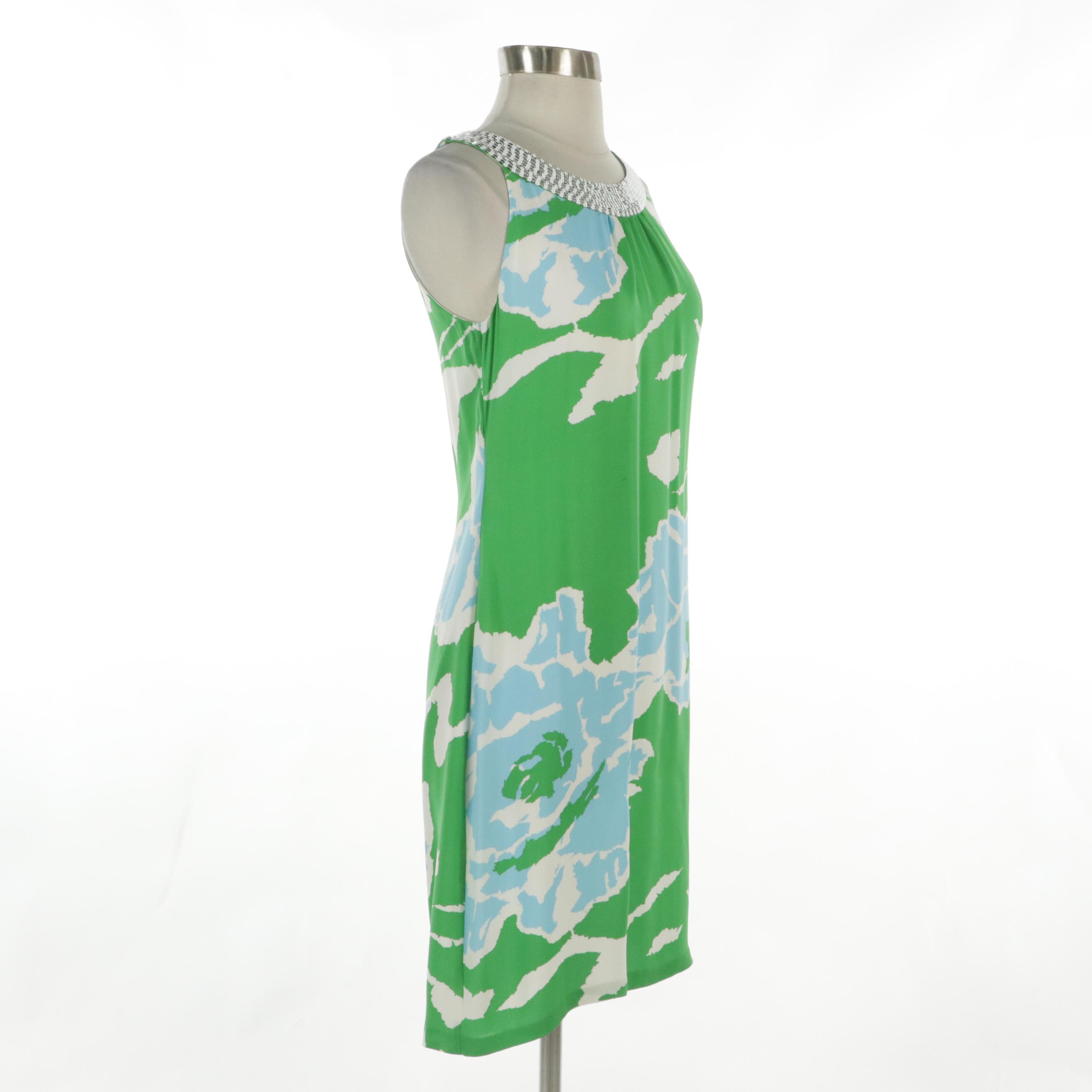 Tory Burch Pailette Sequin Embellished Printed Silk Sleeveless Dress