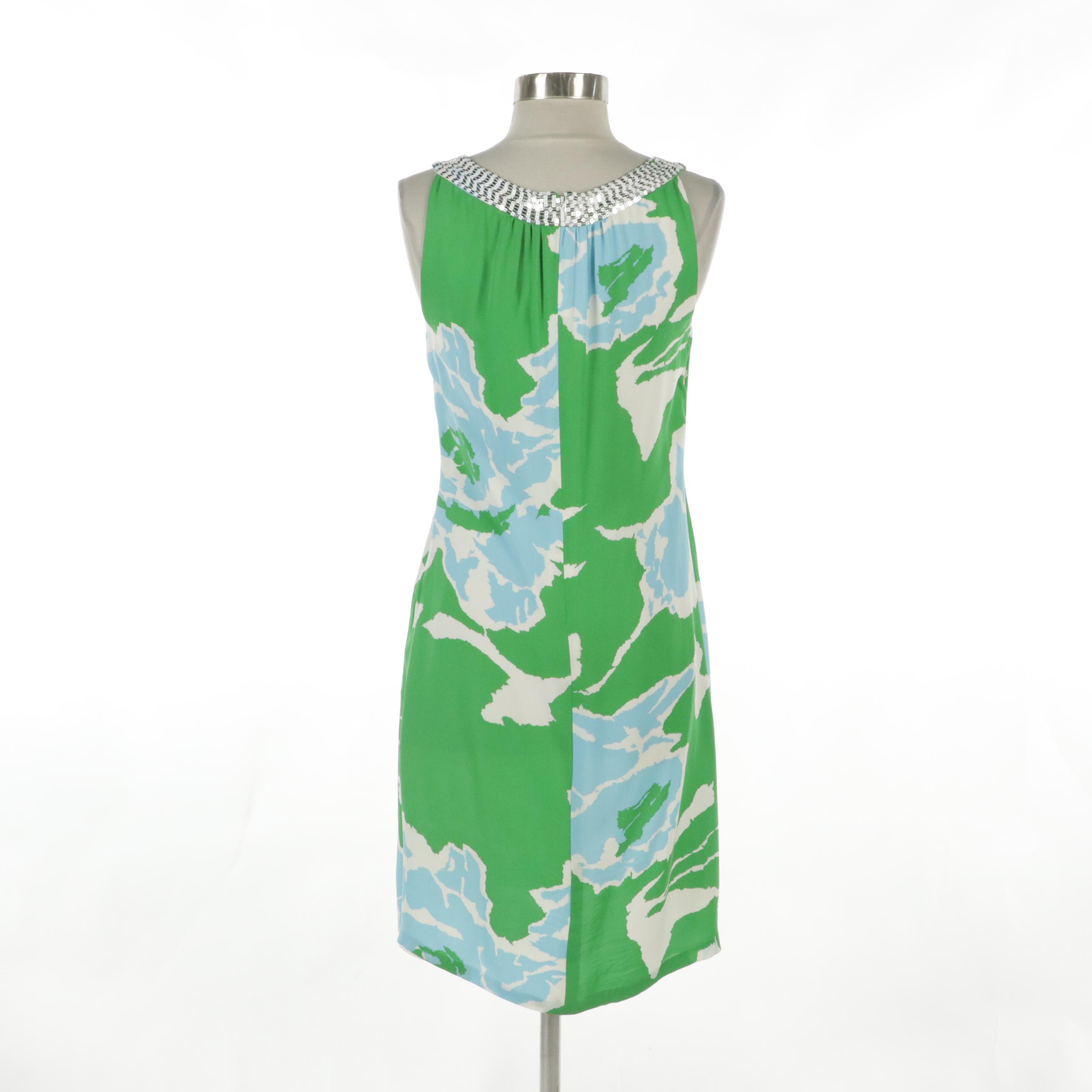 Tory Burch Pailette Sequin Embellished Printed Silk Sleeveless Dress