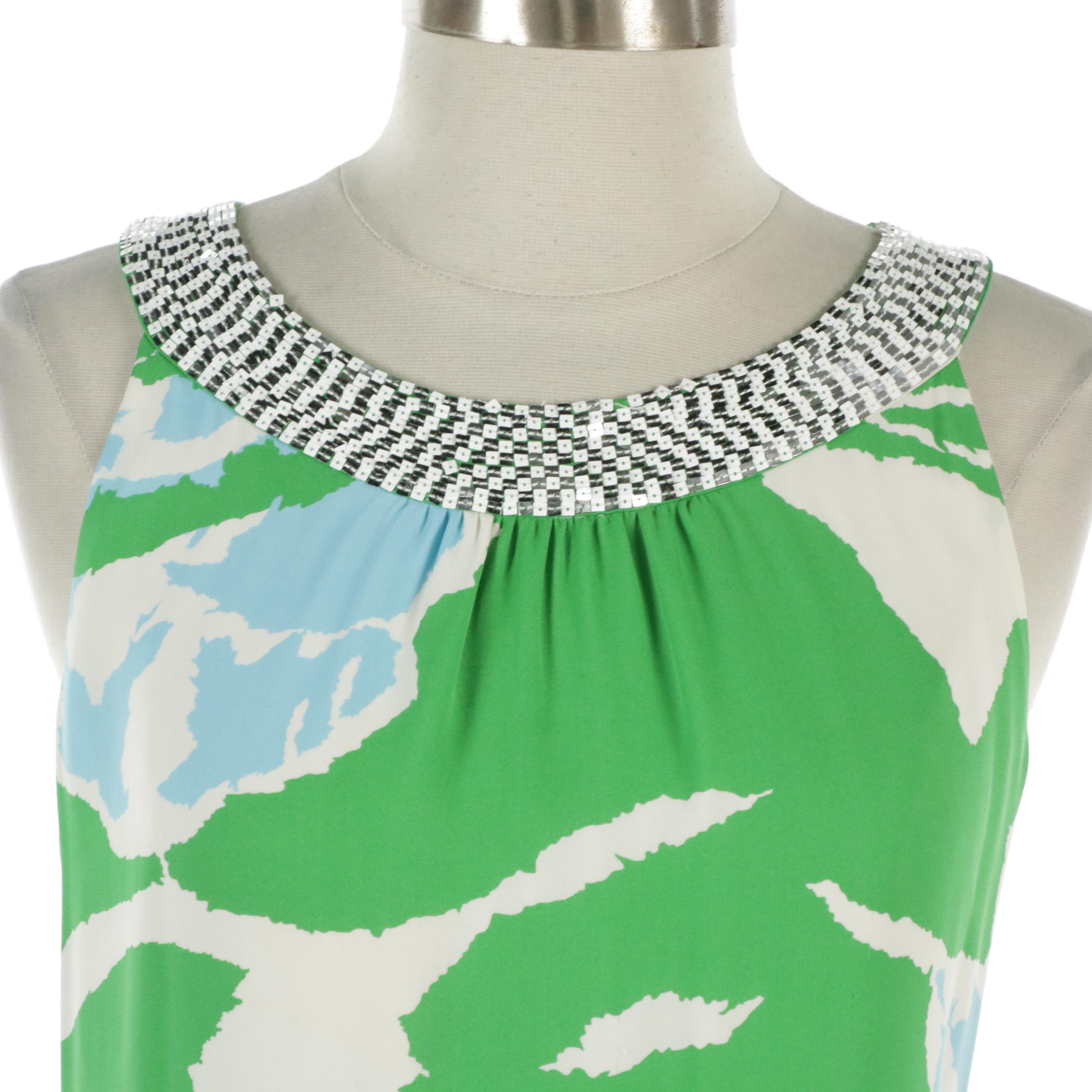 Tory Burch Pailette Sequin Embellished Printed Silk Sleeveless Dress