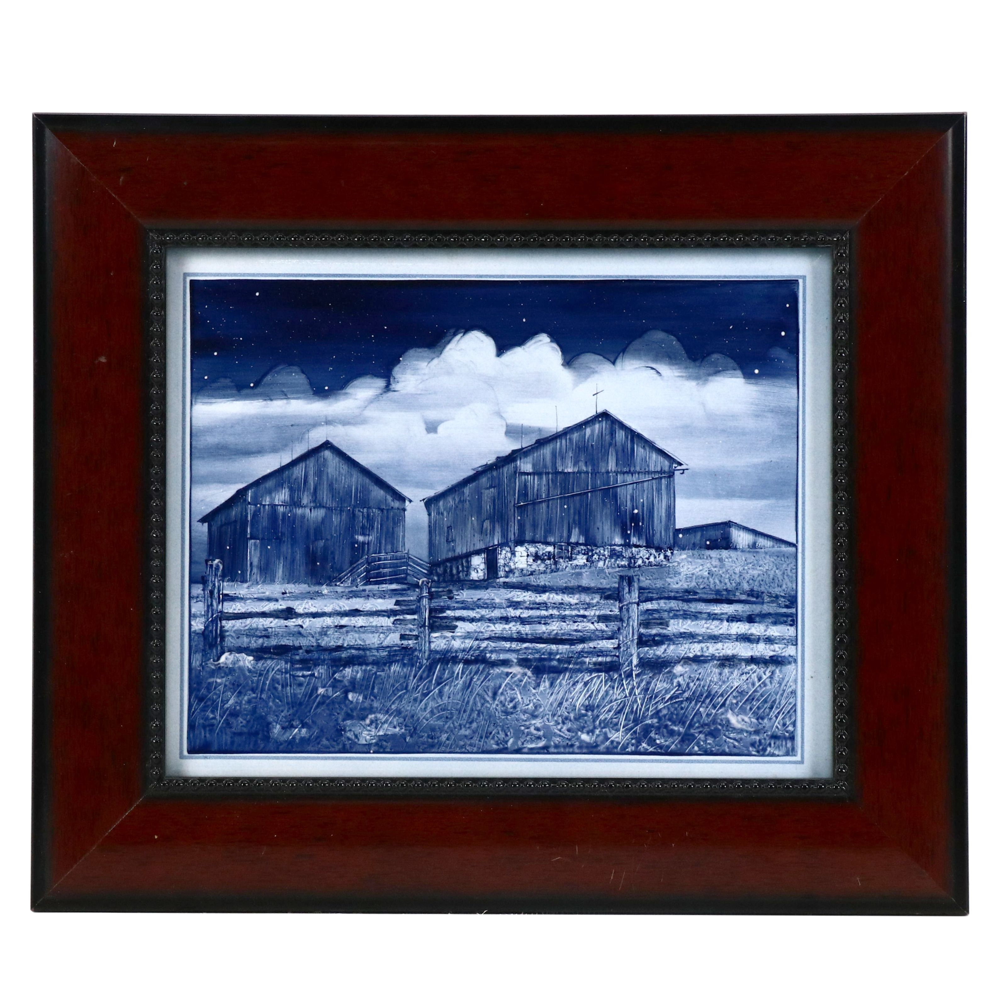 Hand-Painted Monochromatic Ceramic Tile of Farm Scene