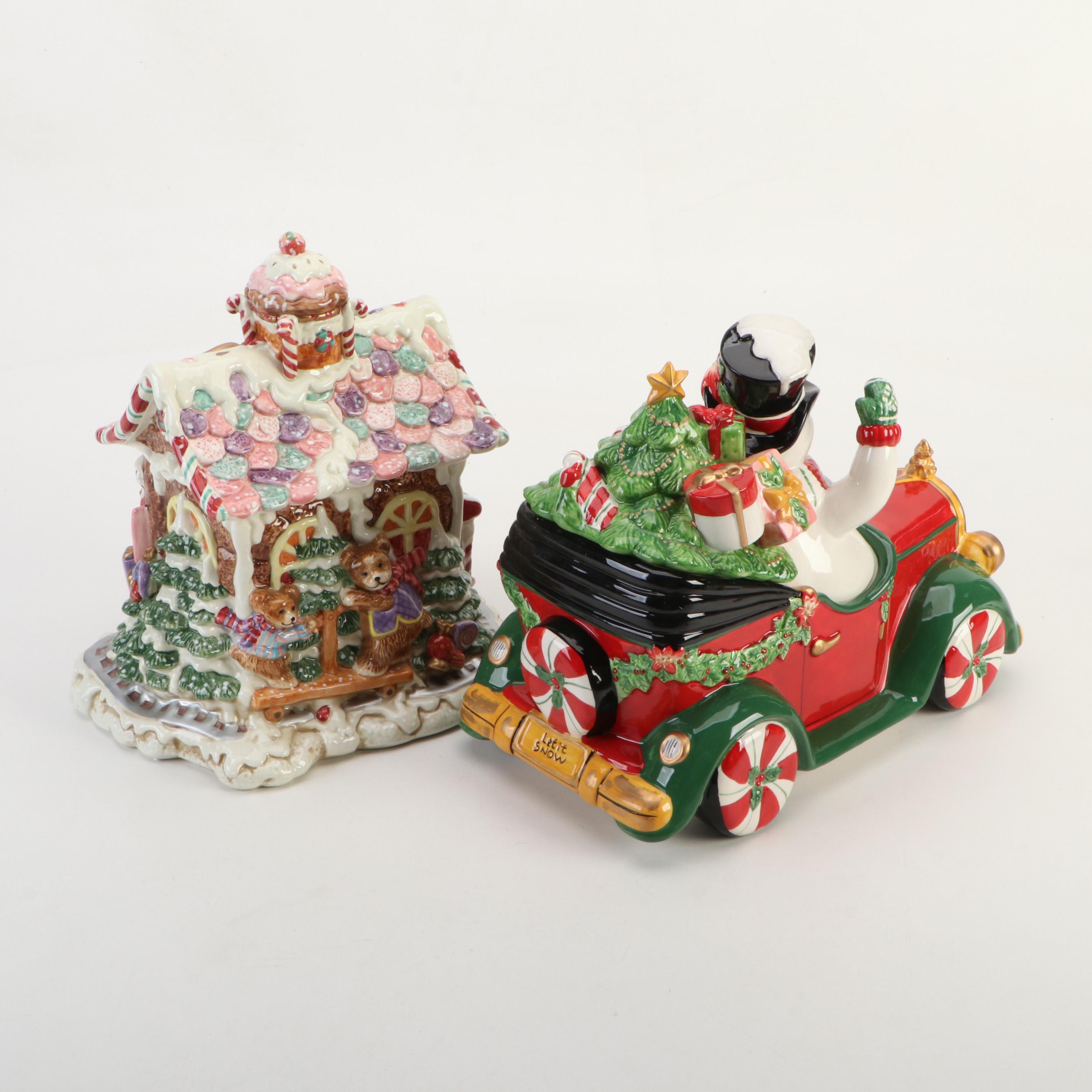 Fitz & Floyd "Top Hat Frosty" and "Candy Lane Express" Ceramic Cookie Jars