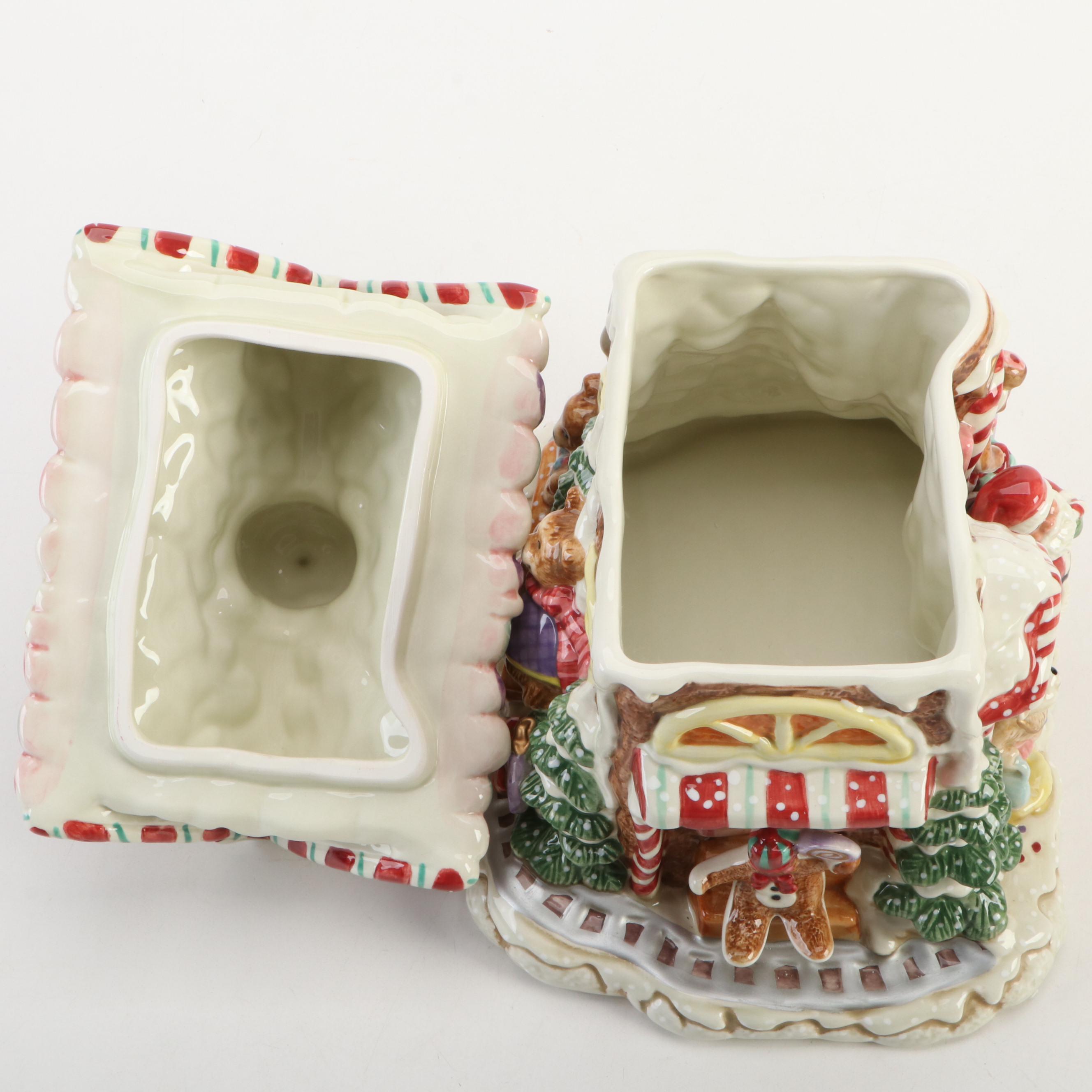 Fitz & Floyd "Top Hat Frosty" and "Candy Lane Express" Ceramic Cookie Jars