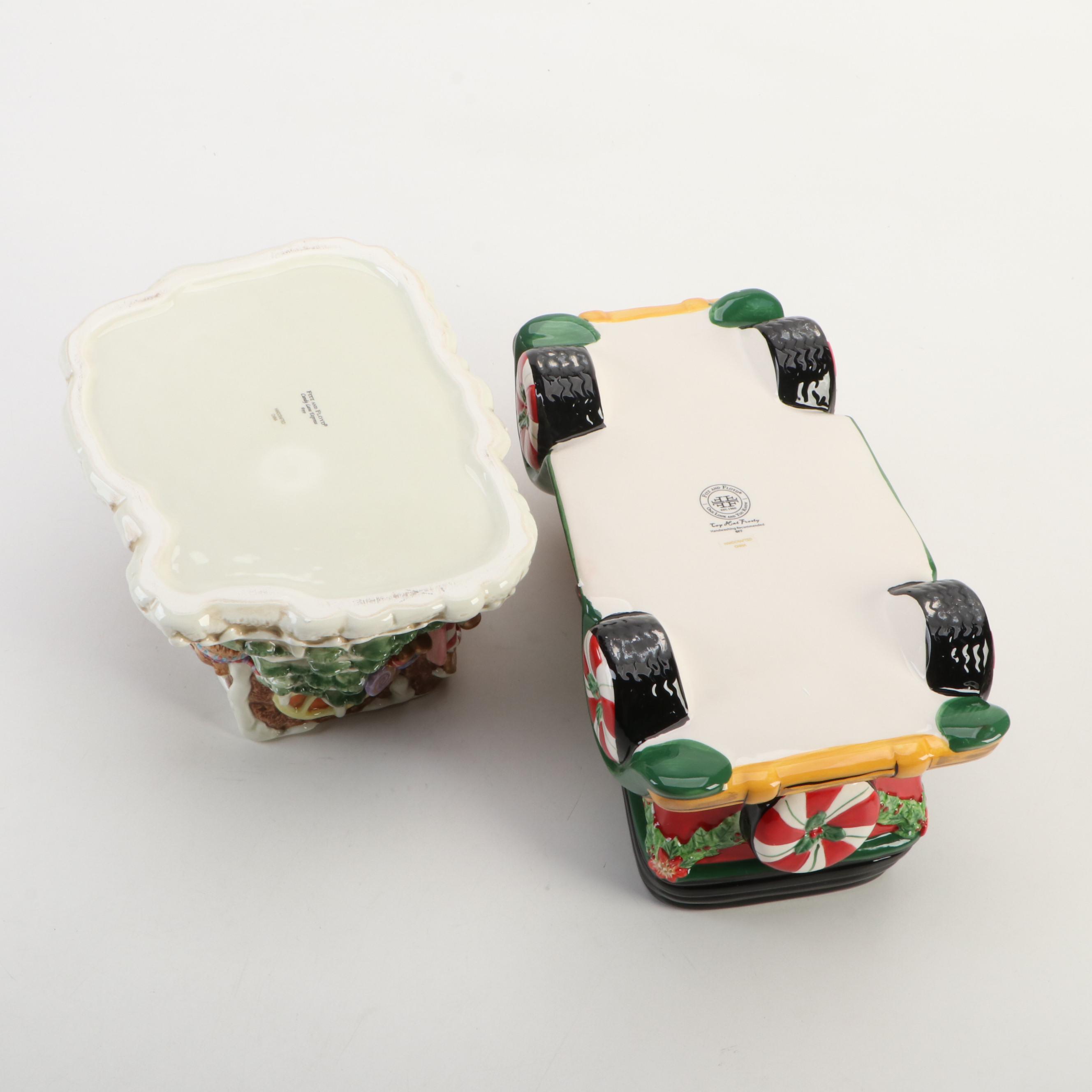 Fitz & Floyd "Top Hat Frosty" and "Candy Lane Express" Ceramic Cookie Jars