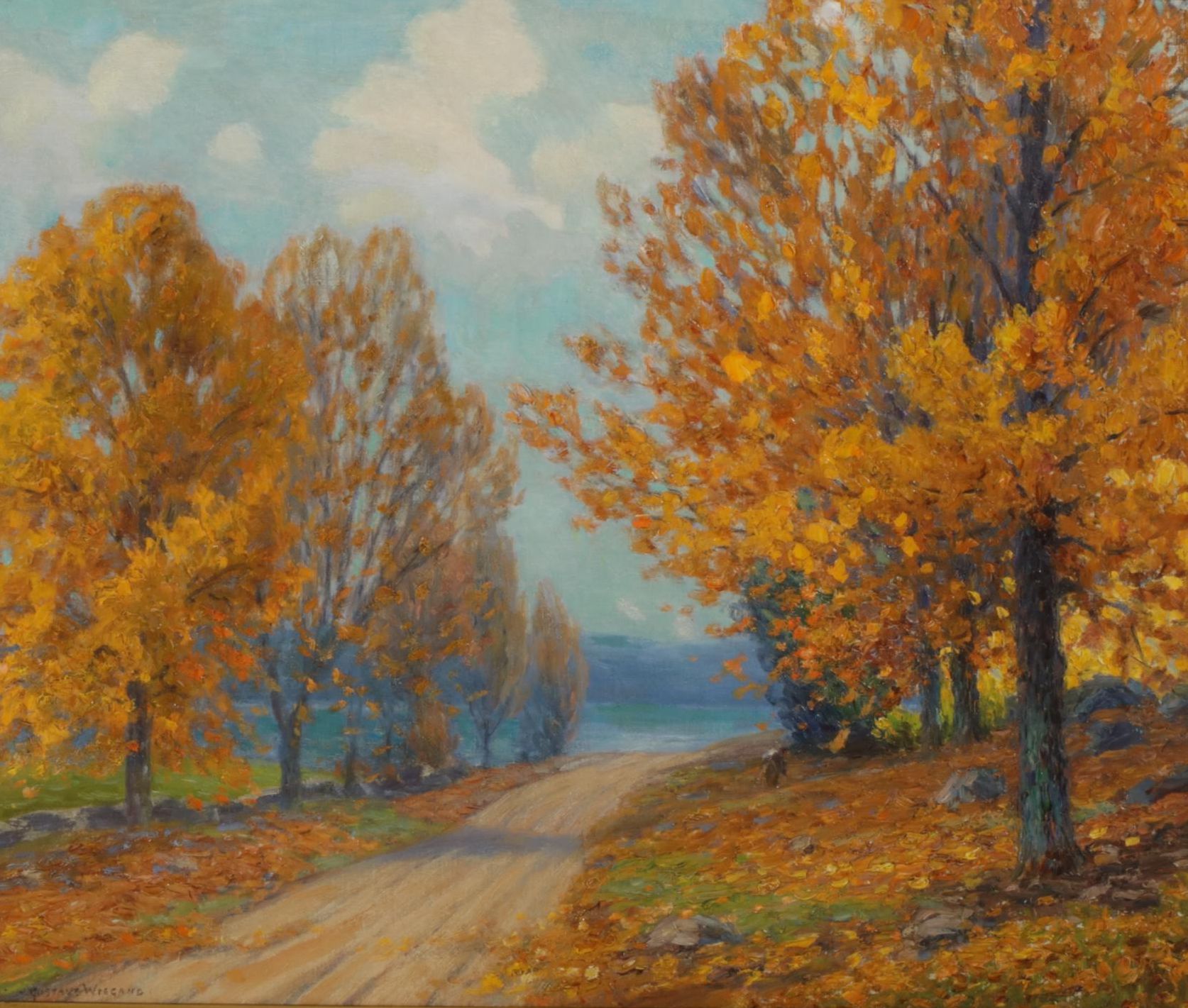 Gustave Wiegand Autumn Forest Path Impressionist Textured Oil Painting