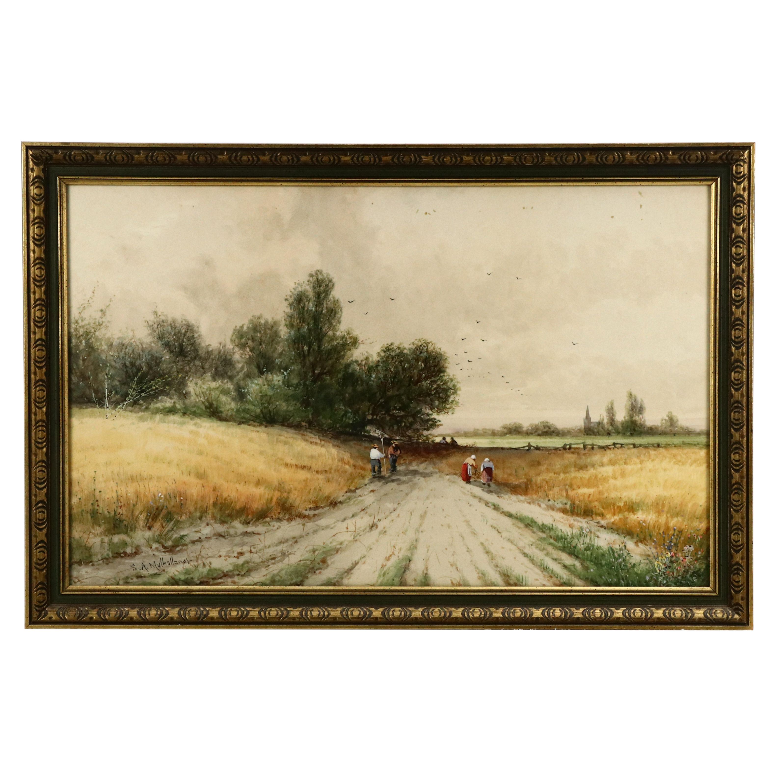 Sydney A. Mulholland Watercolor and Gouache Painting of Field Workers