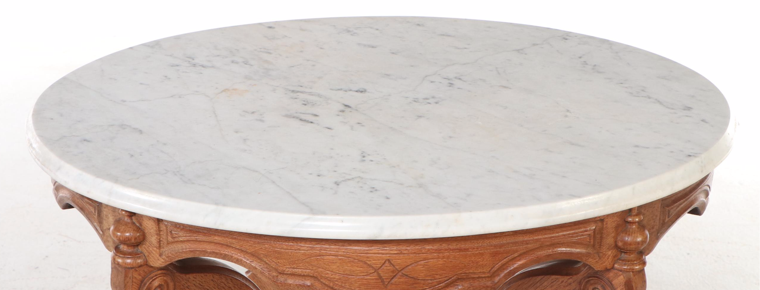 Eastlake Style Walnut Marble Top Pedestal Table, Late 19th/Early 20th Century