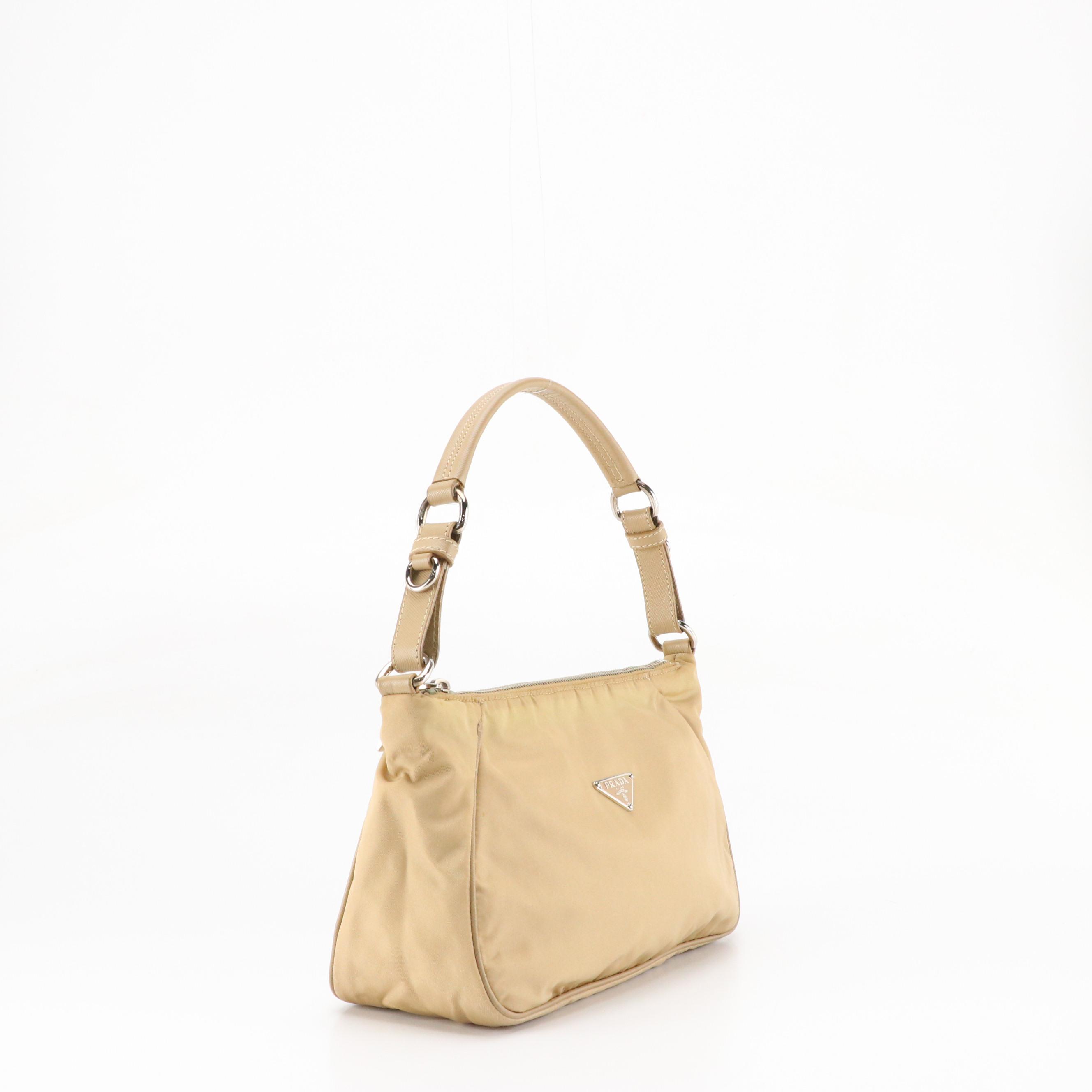 Prada Shoulder Bag in Beige Tessuto Nylon and Saffiano Leather Trim