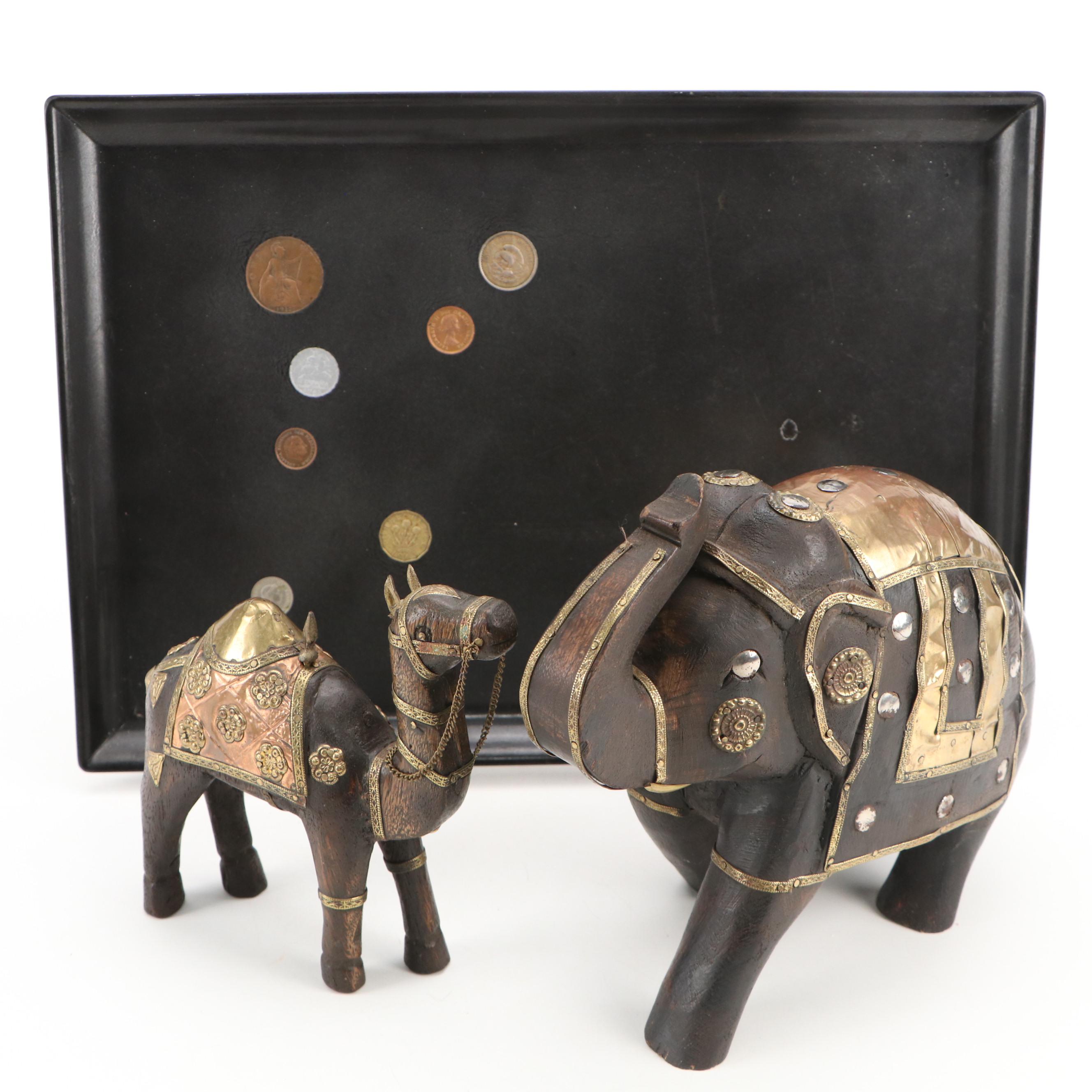 Couroc Tray with Coin Inserts and Indian Brass Accented Wooden Figurines