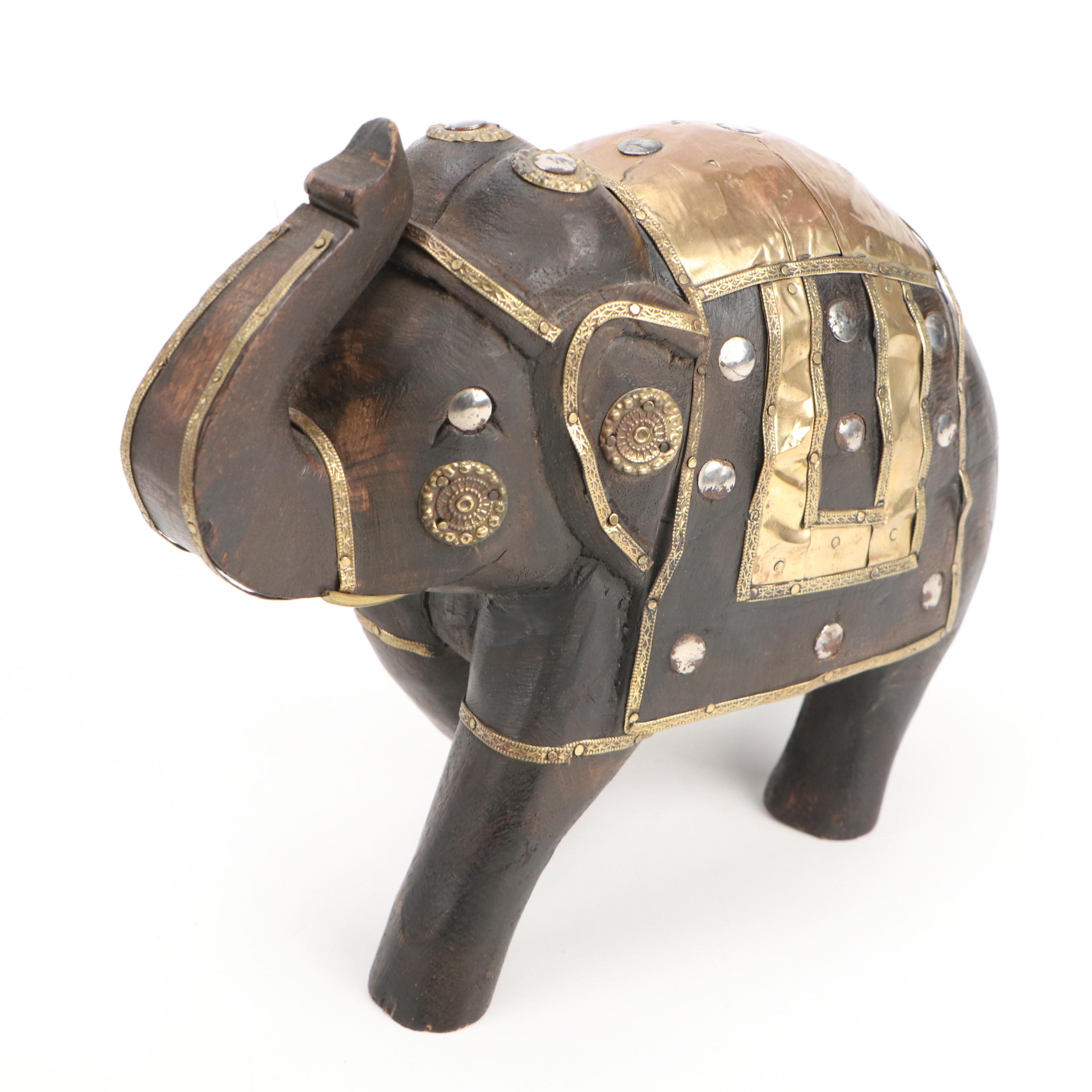 Couroc Tray with Coin Inserts and Indian Brass Accented Wooden Figurines