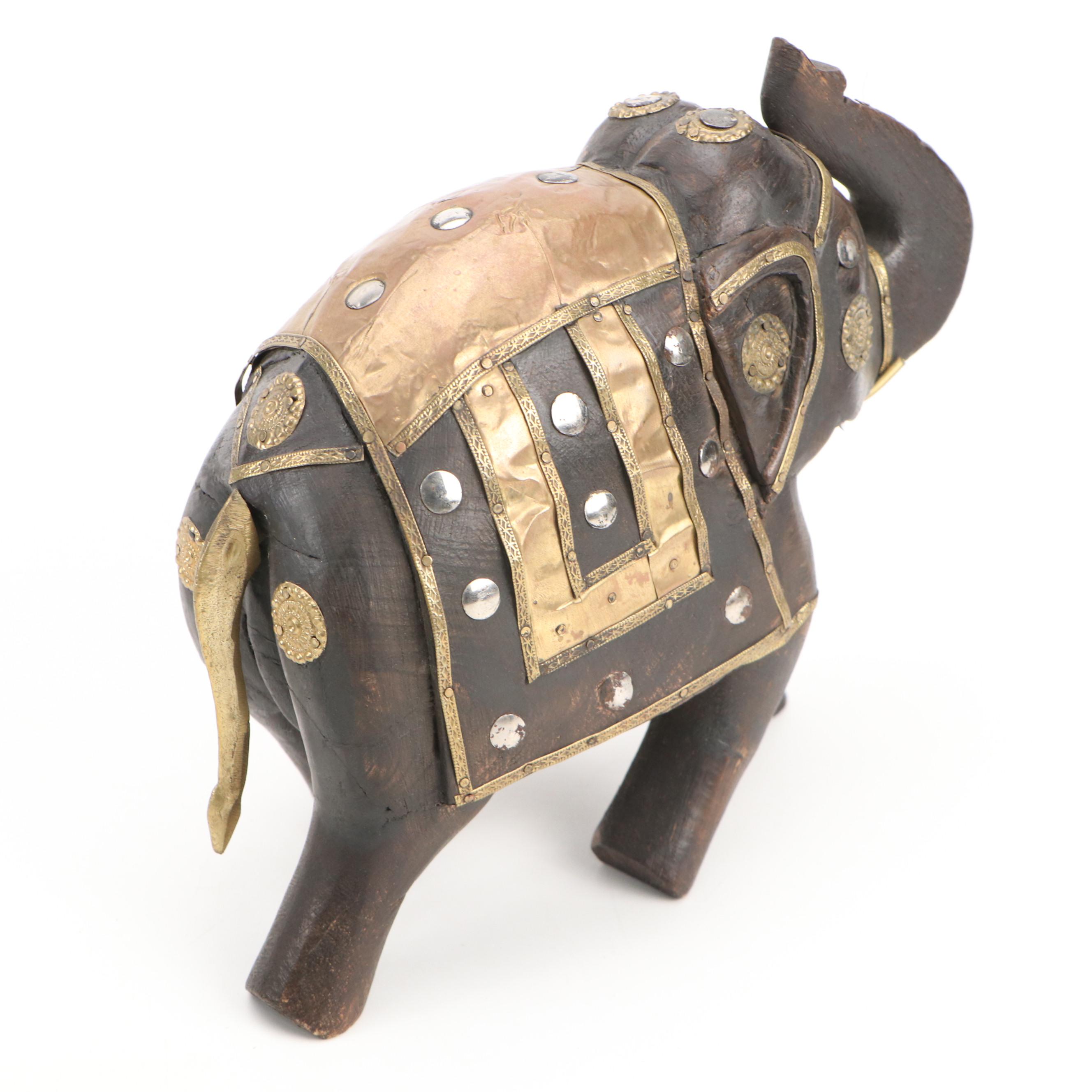 Couroc Tray with Coin Inserts and Indian Brass Accented Wooden Figurines