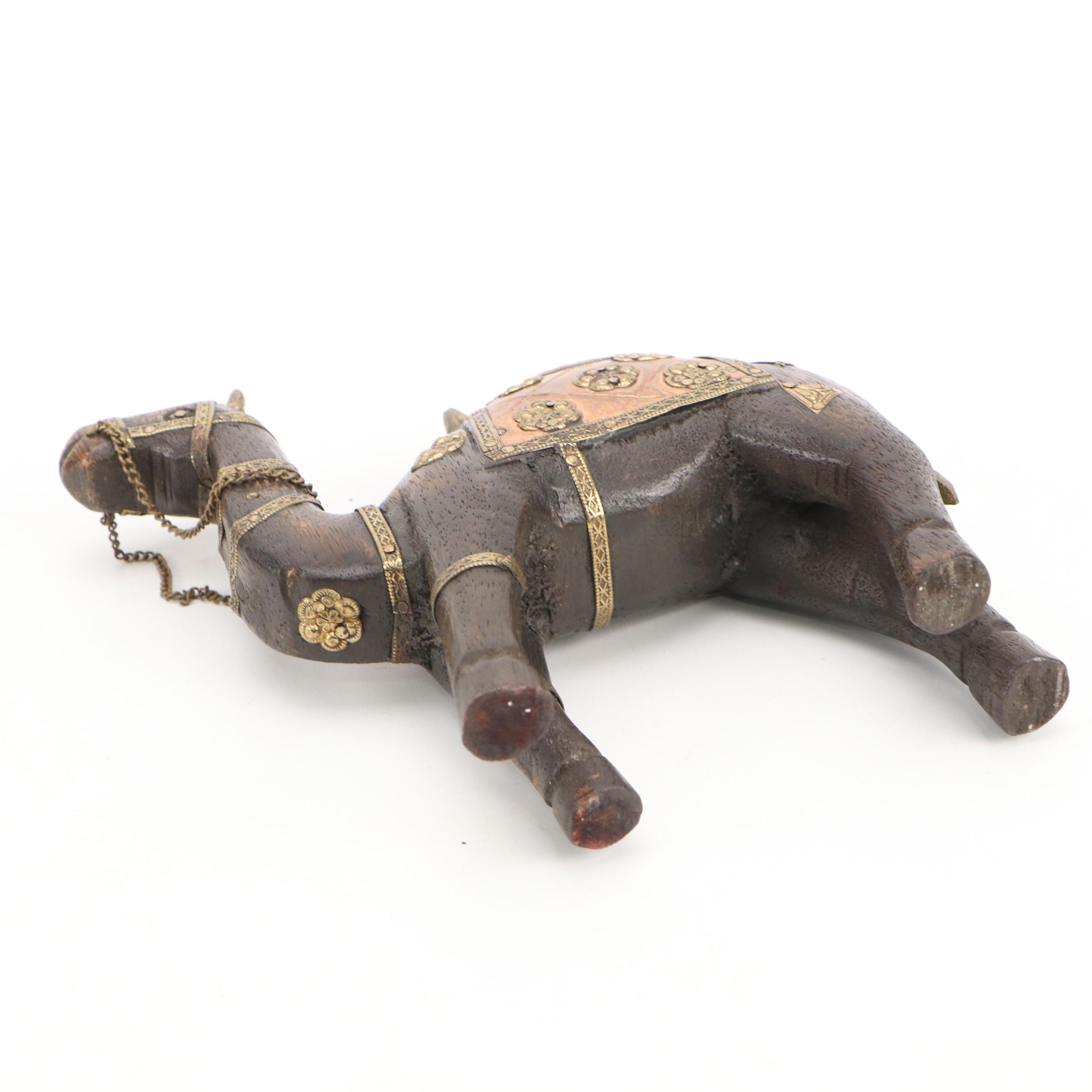 Couroc Tray with Coin Inserts and Indian Brass Accented Wooden Figurines