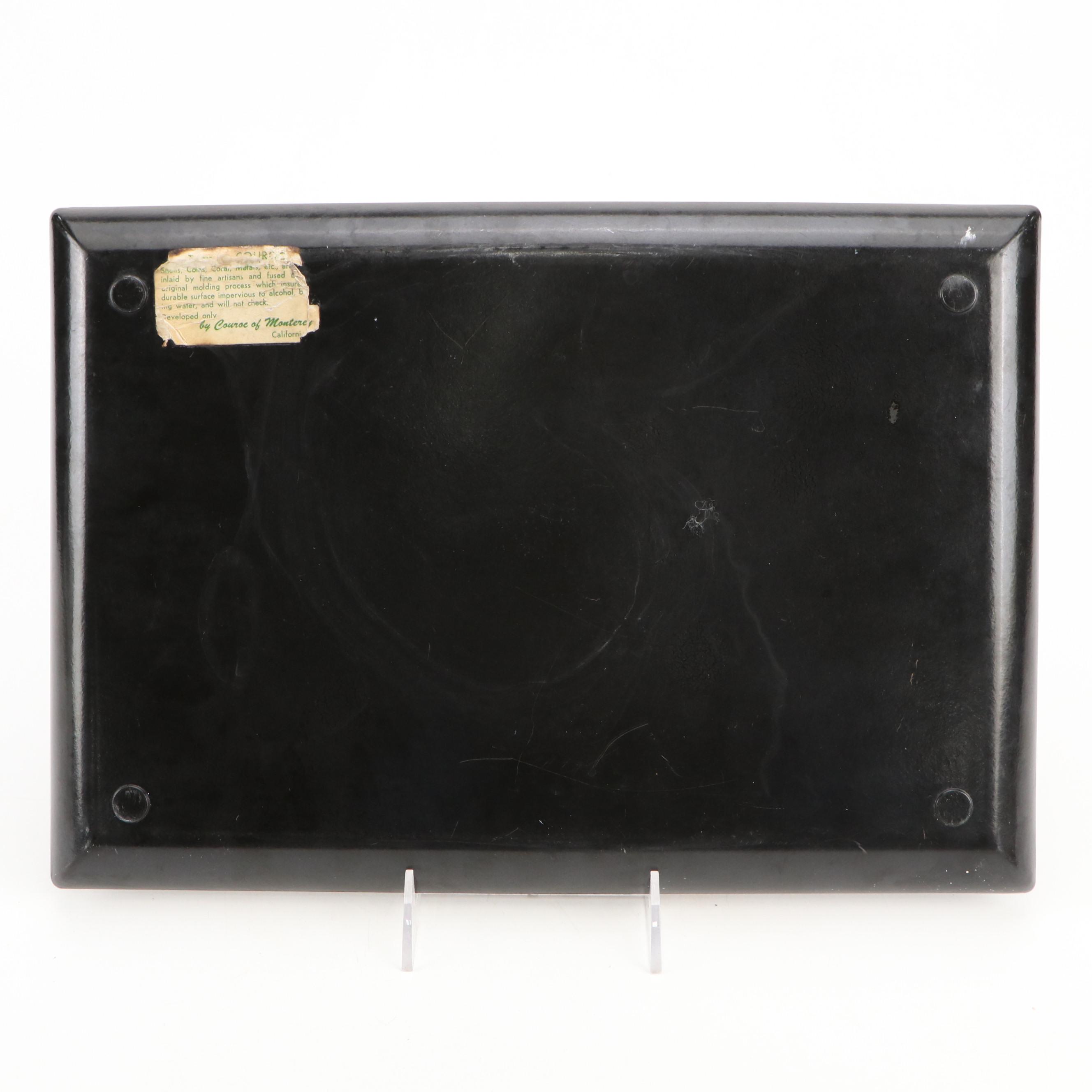 Couroc Tray with Coin Inserts and Indian Brass Accented Wooden Figurines