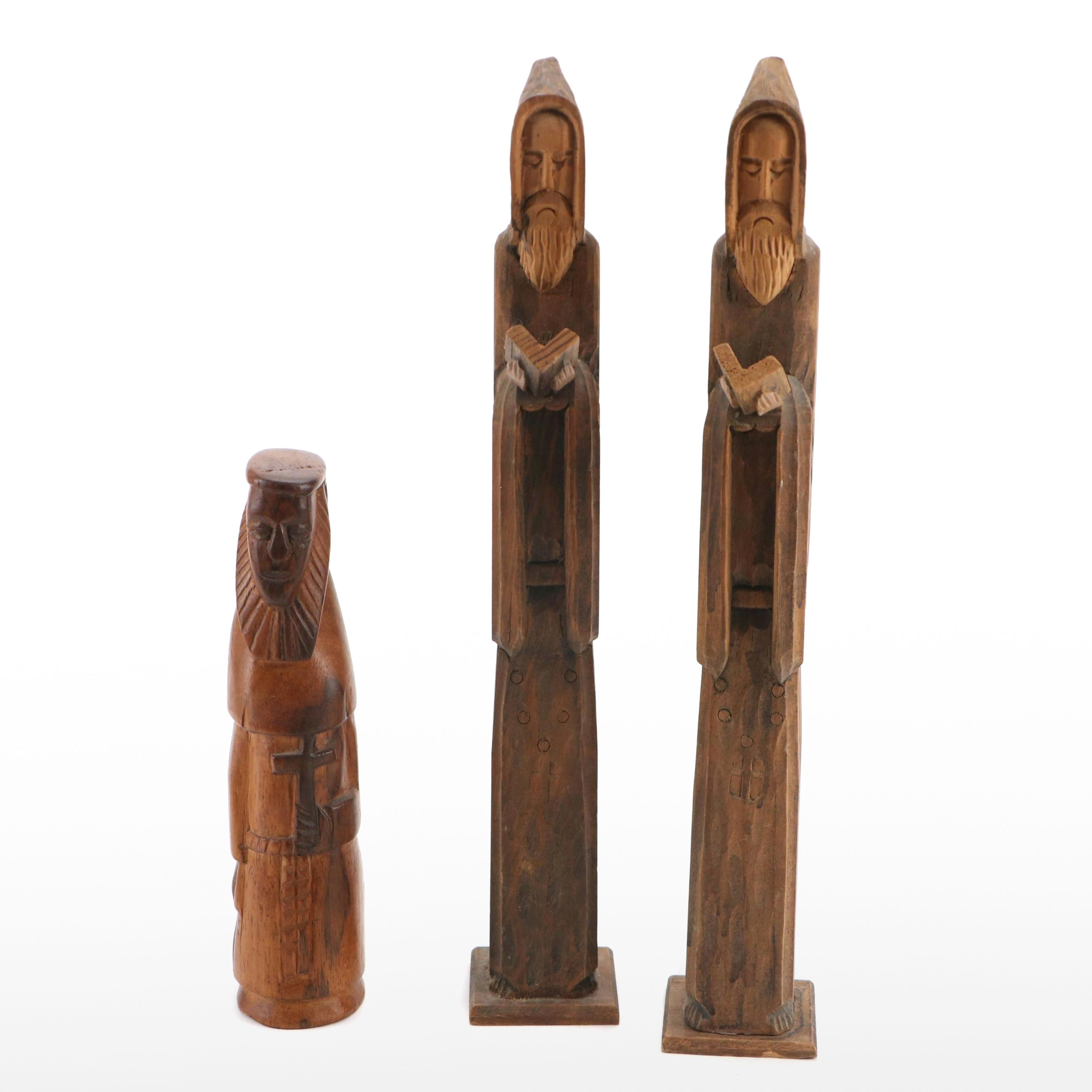 Mexican Folk Art Style Hand-Carved Wooden Monks