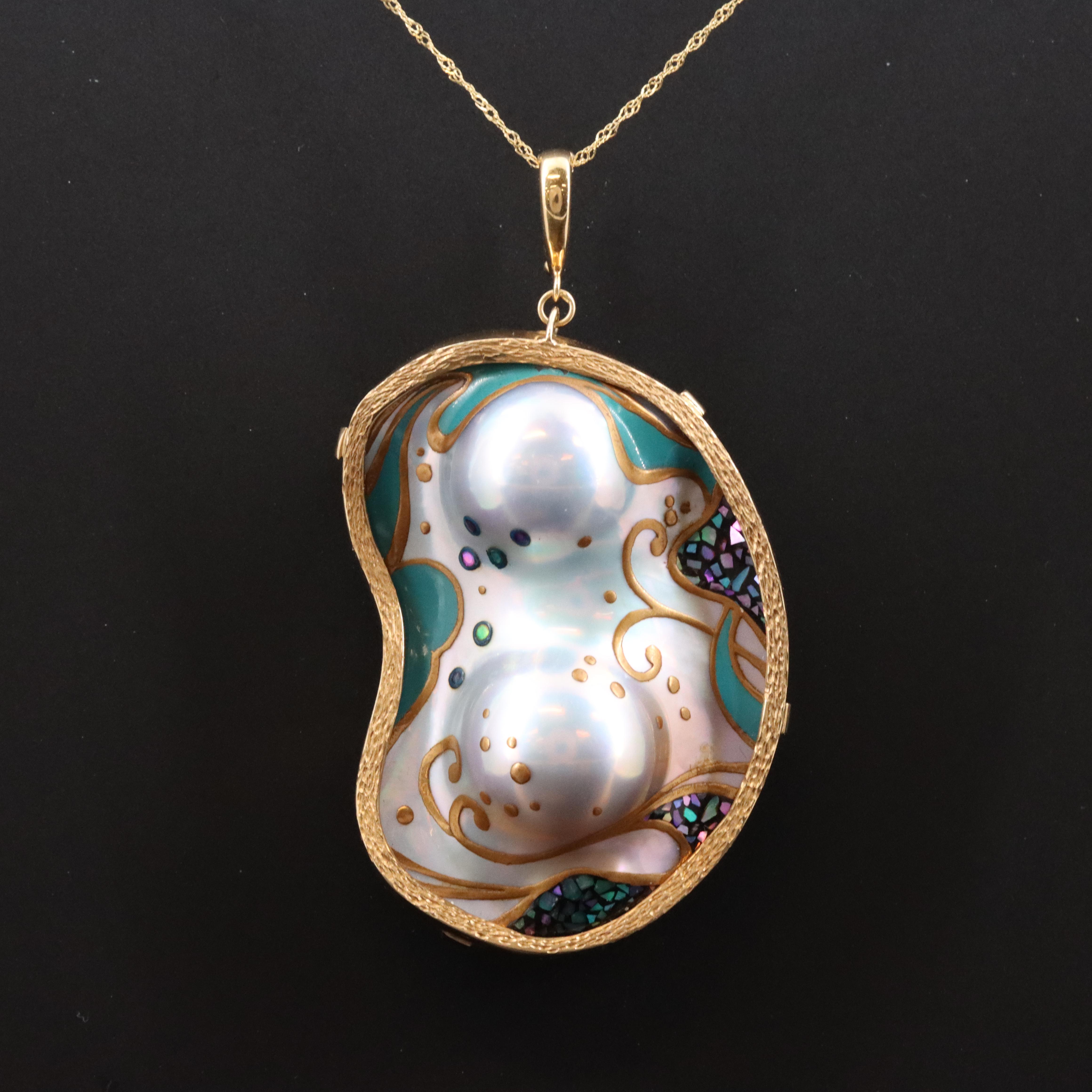 18K Painted Pearl and Abalone Enhancer and Converter Pendant Necklace