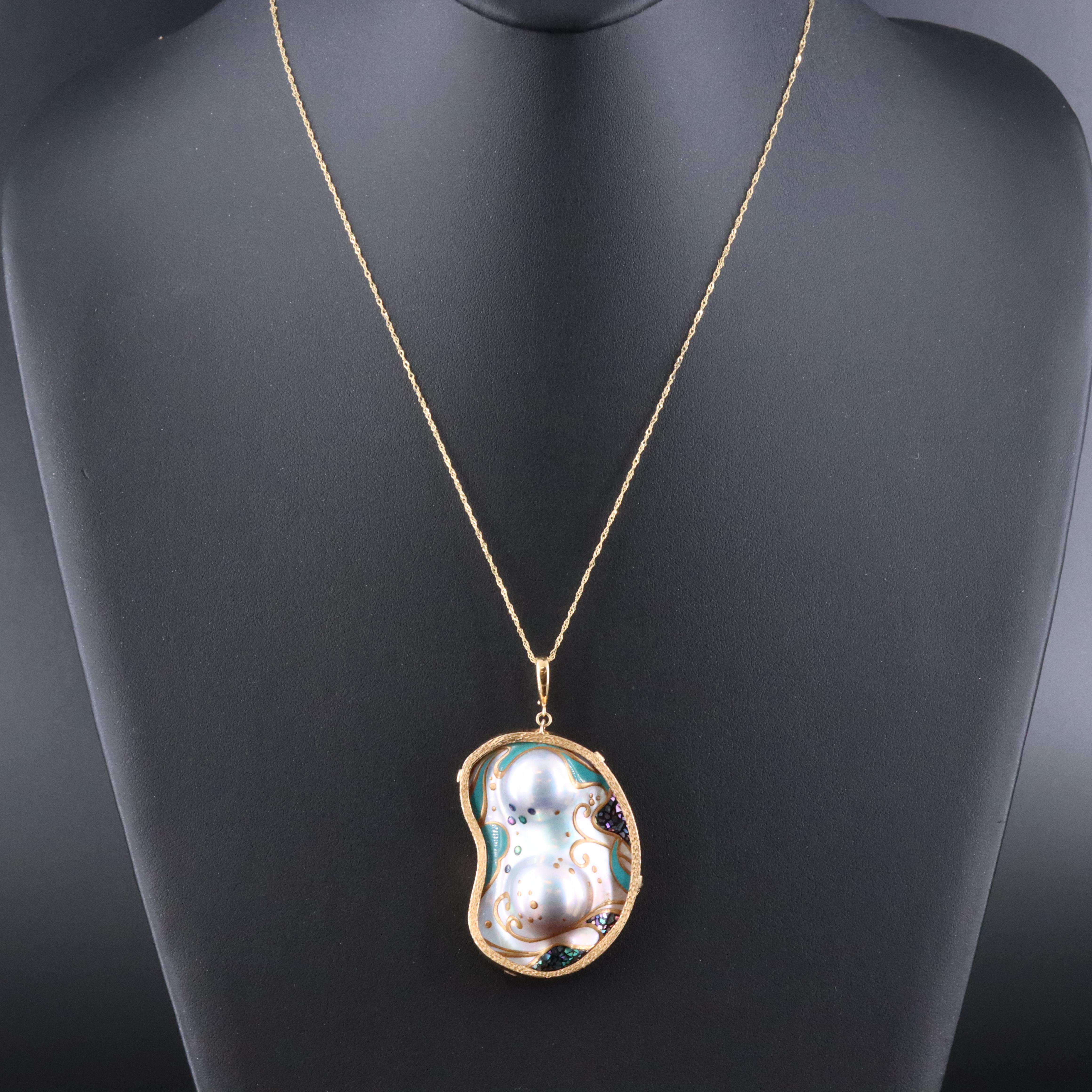 18K Painted Pearl and Abalone Enhancer and Converter Pendant Necklace
