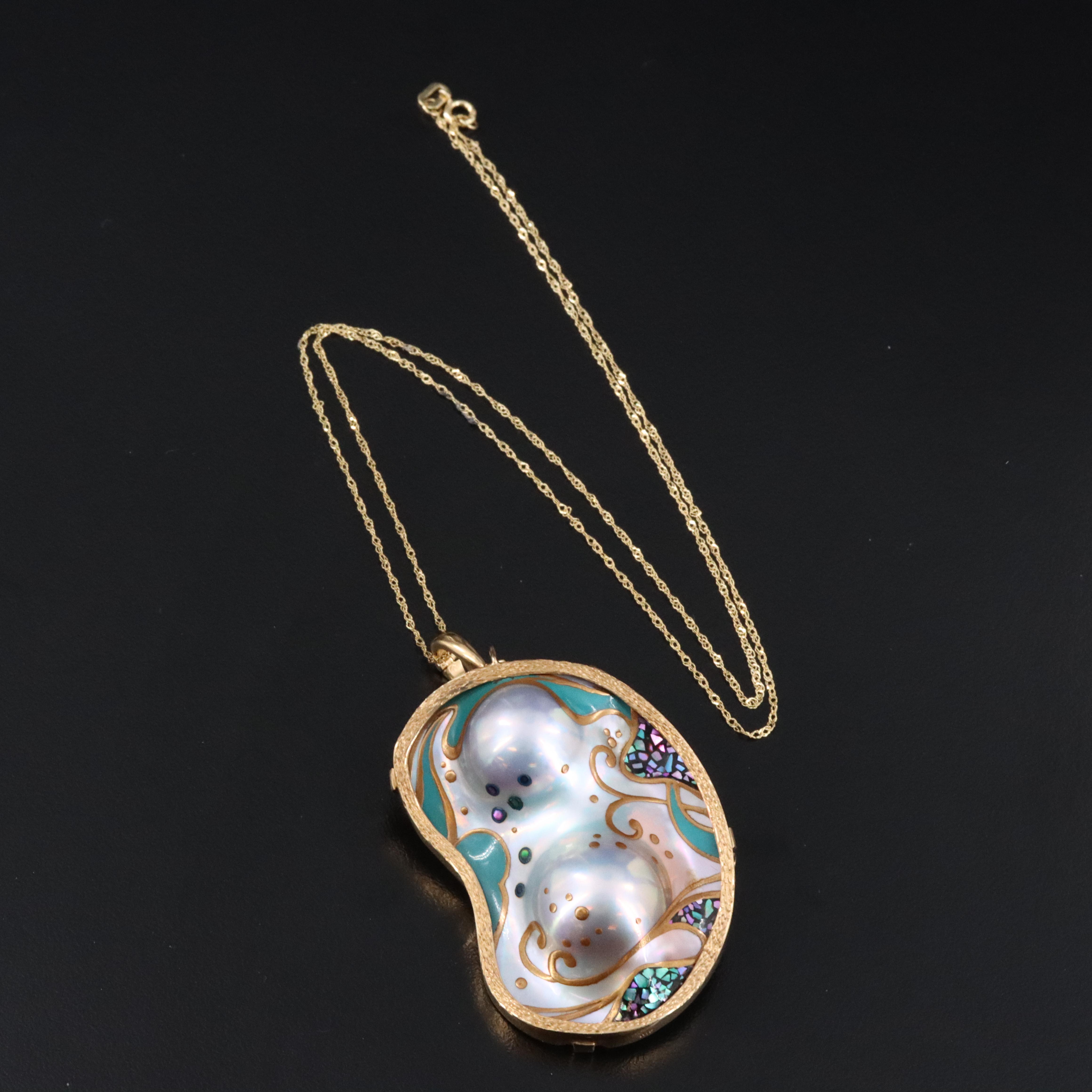 18K Painted Pearl and Abalone Enhancer and Converter Pendant Necklace