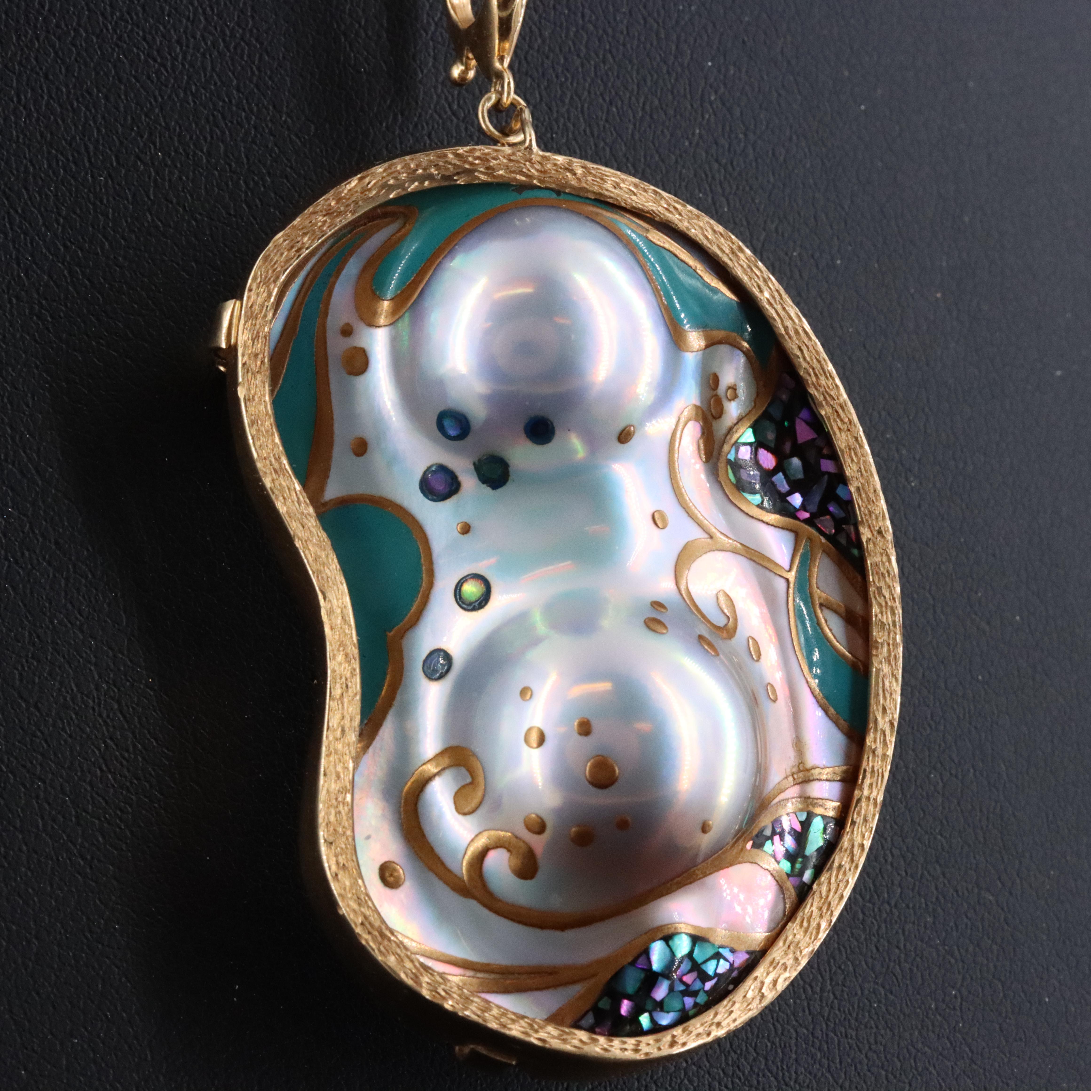 18K Painted Pearl and Abalone Enhancer and Converter Pendant Necklace