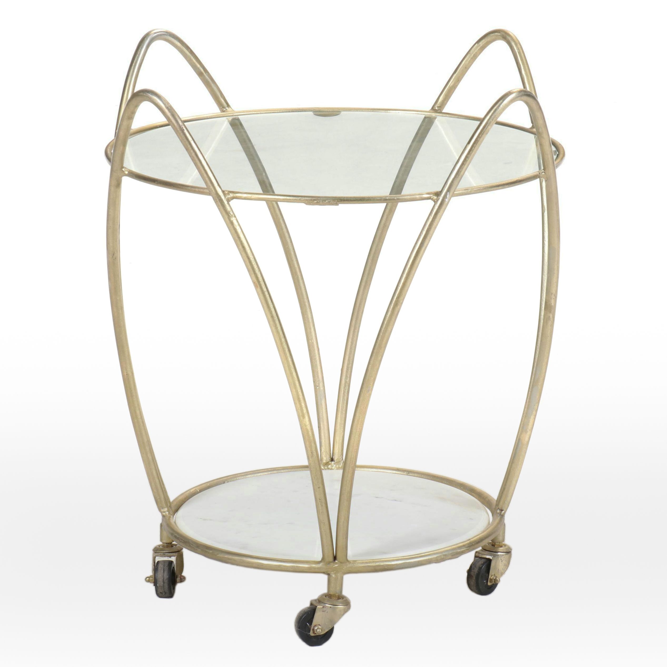 Mid Century Modern Style Glass Top Tulip-Shaped Side Table on Wheels