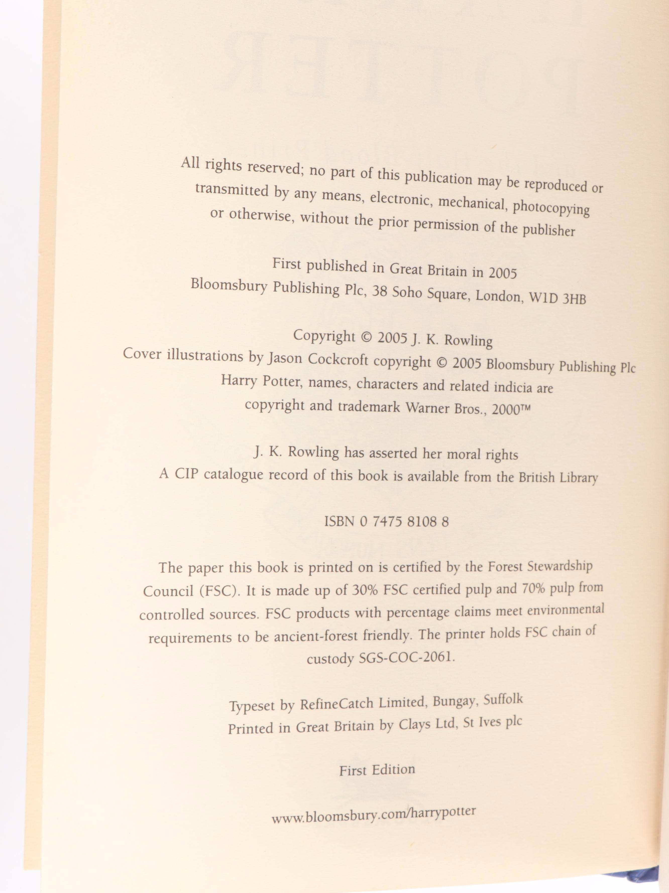 First UK Edition "Harry Potter and the Half-Blood Prince" by J. K. Rowling