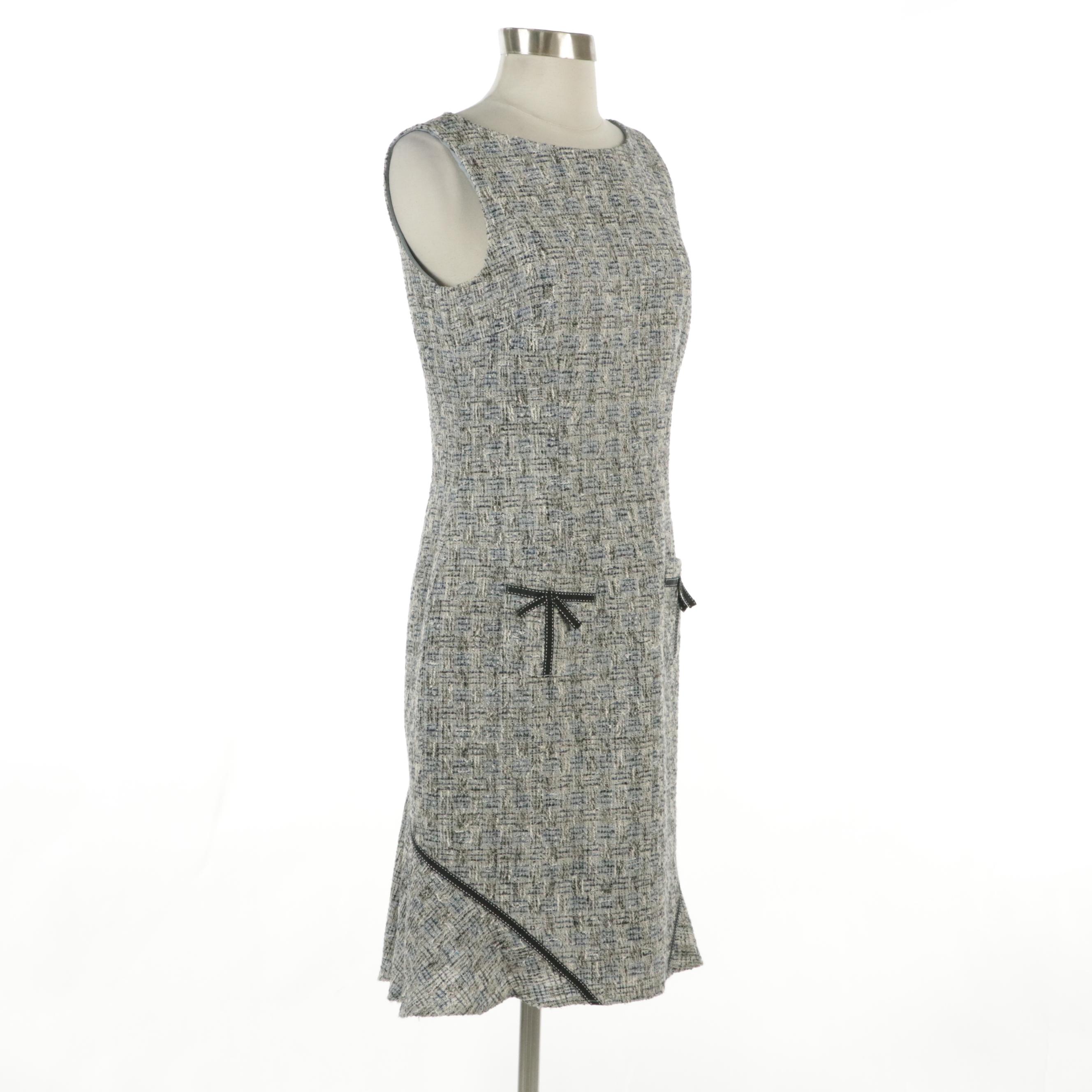 David Meister Bouclé Tweed Sleeveless Dress with Grosgrain Ribbon Trim