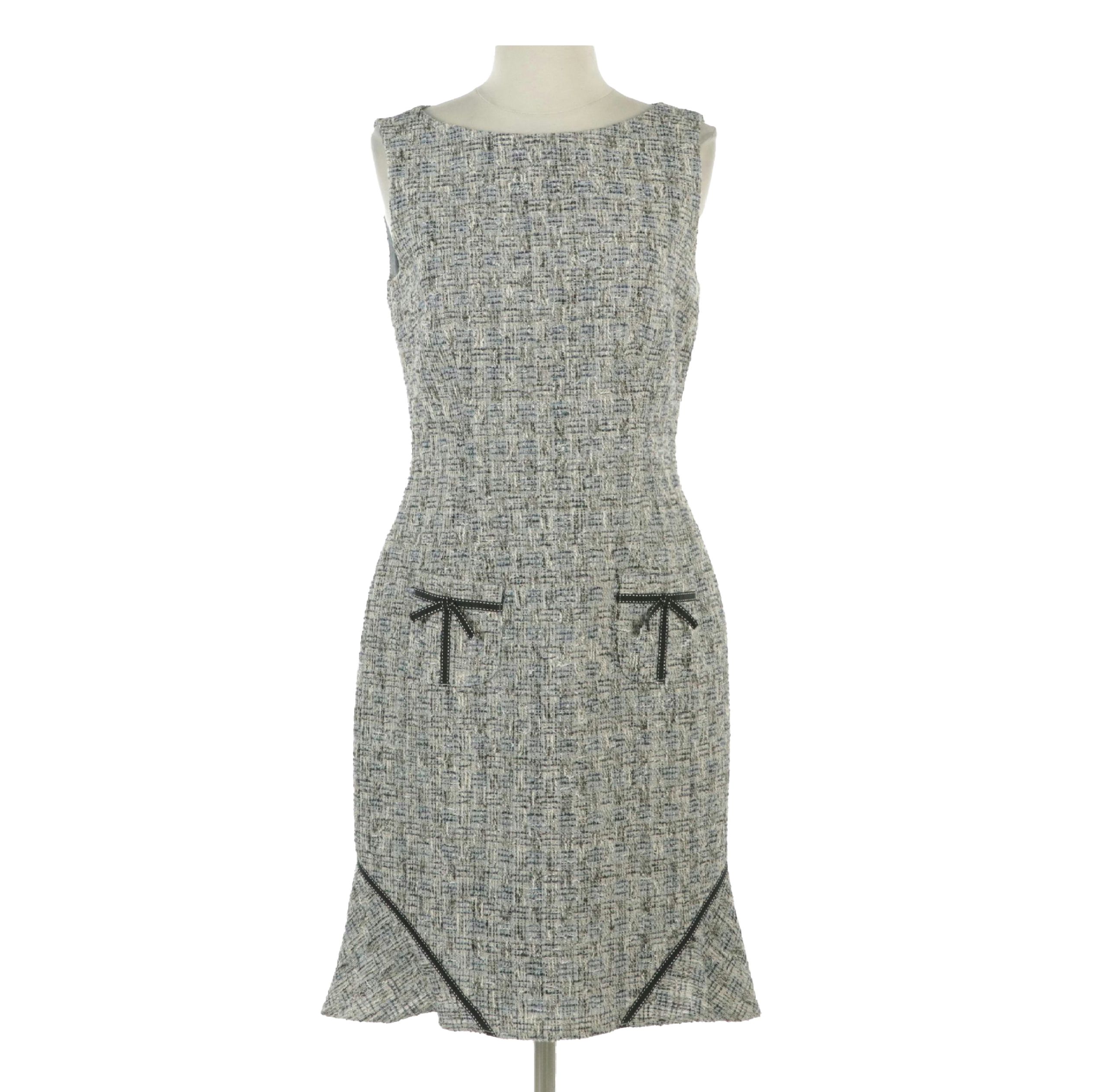 David Meister Bouclé Tweed Sleeveless Dress with Grosgrain Ribbon Trim