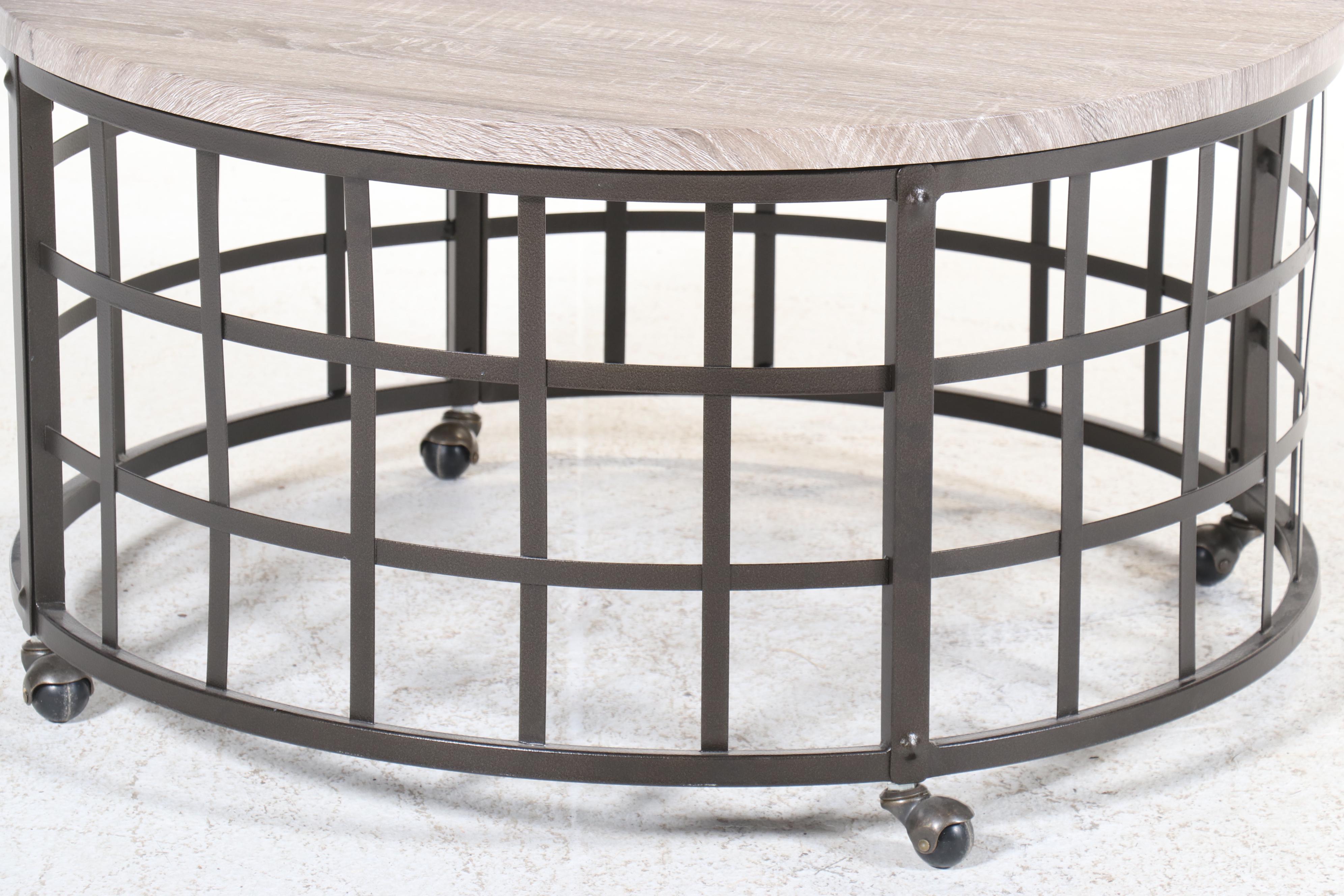 Contemporary Laminate and Metal Cylindrical Coffee Table on Casters