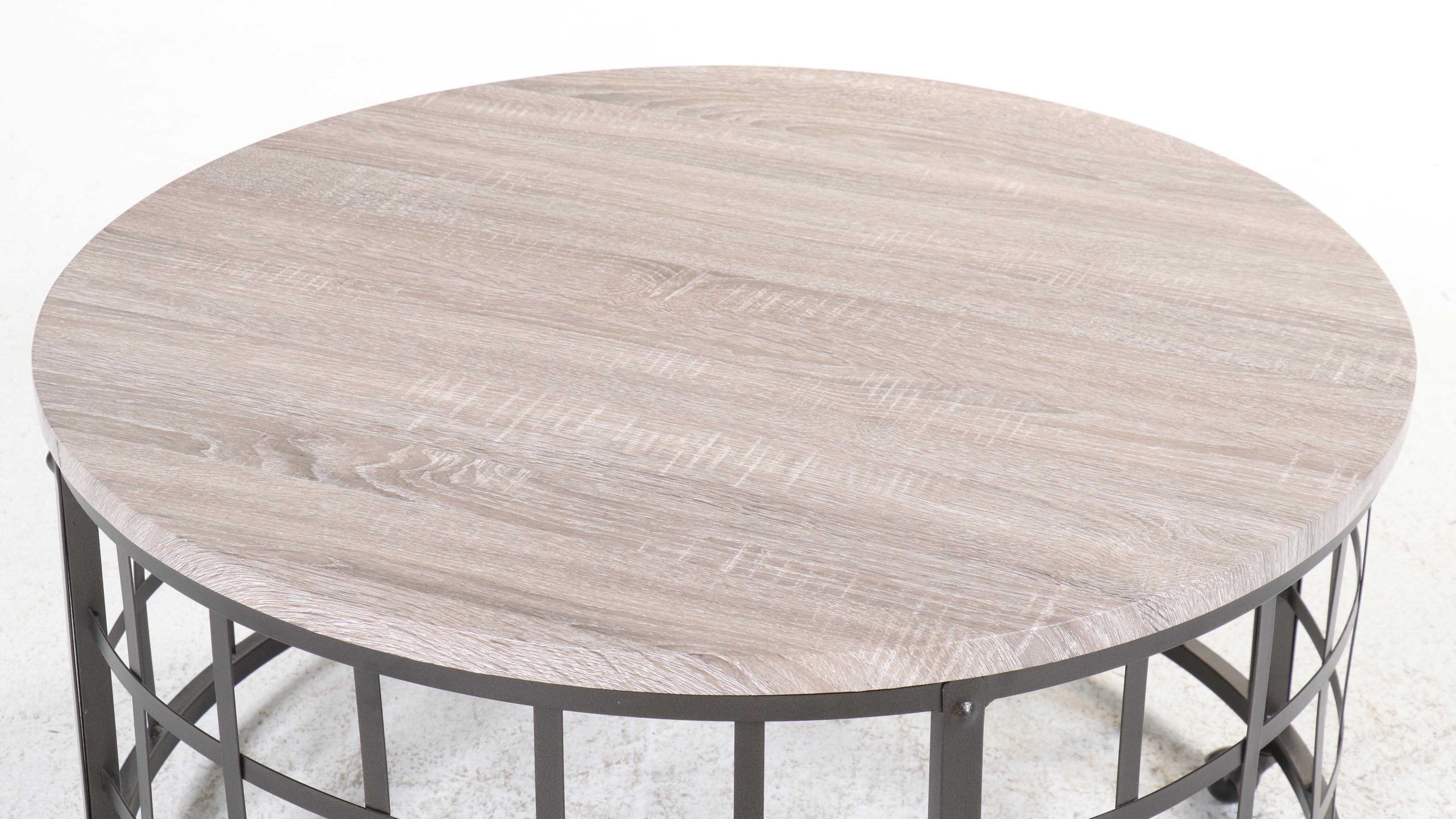 Contemporary Laminate and Metal Cylindrical Coffee Table on Casters