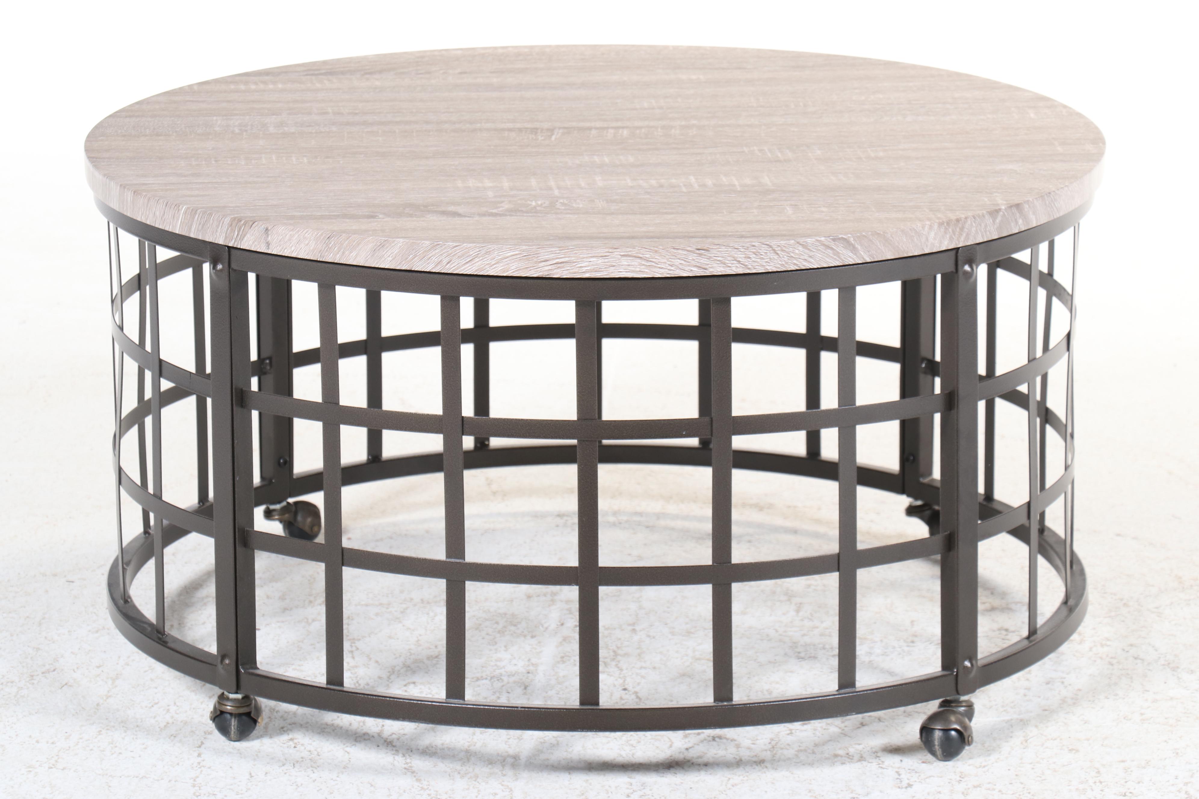 Contemporary Laminate and Metal Cylindrical Coffee Table on Casters